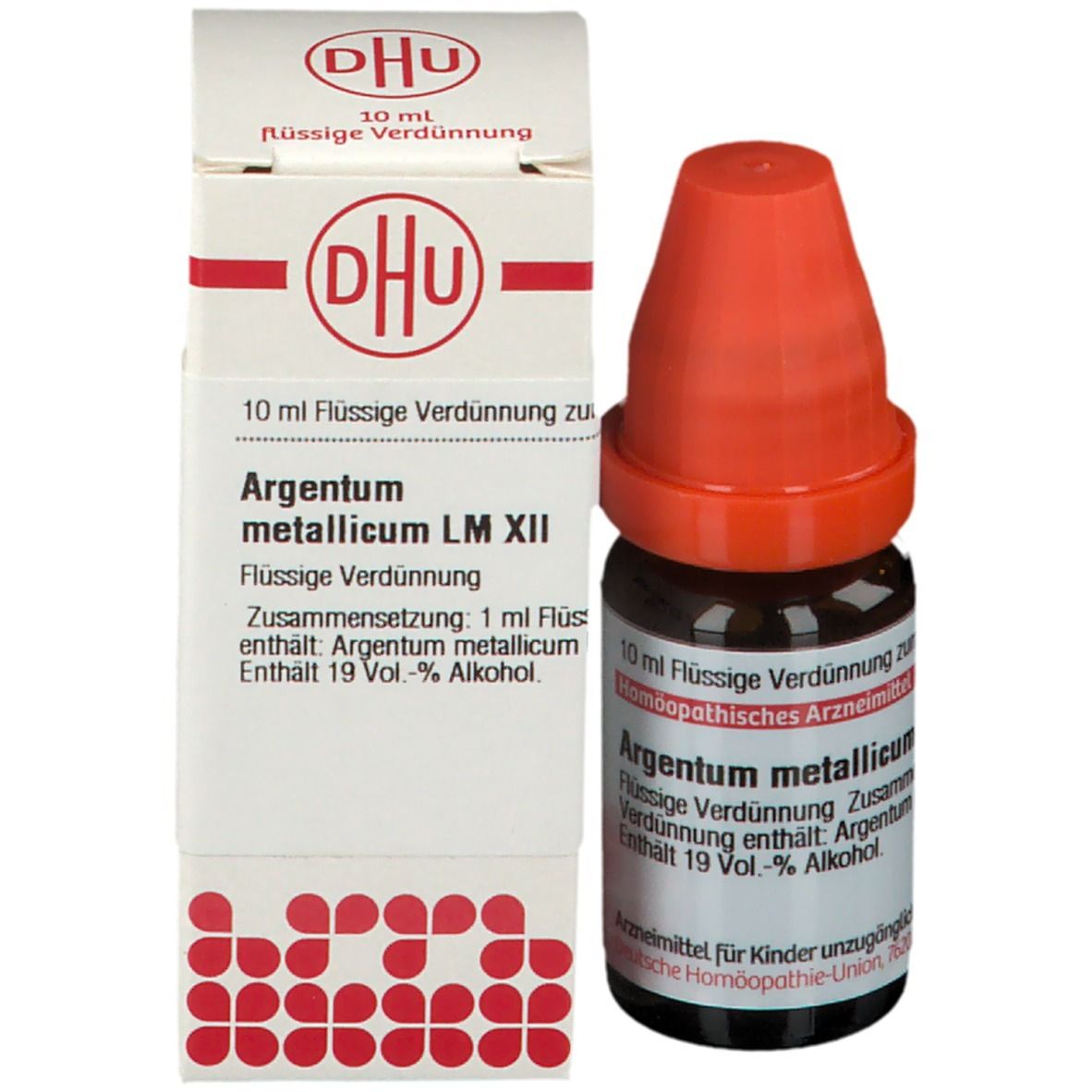 Produktverpackung mit Flasche. Beschriftung: DHU, Argentum metallicum LM XII, 10 ml Flüssige Verdünnung.