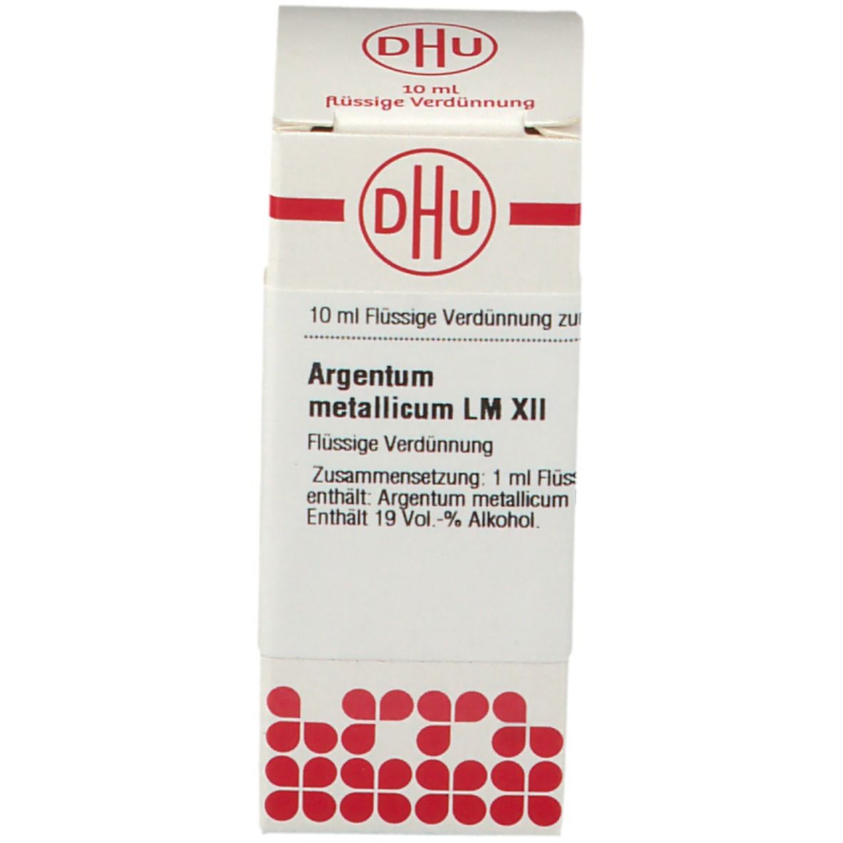 Produktverpackung. Beschriftung: DHU, Argentum metallicum LM XII, 10 ml Flüssige Verdünnung.