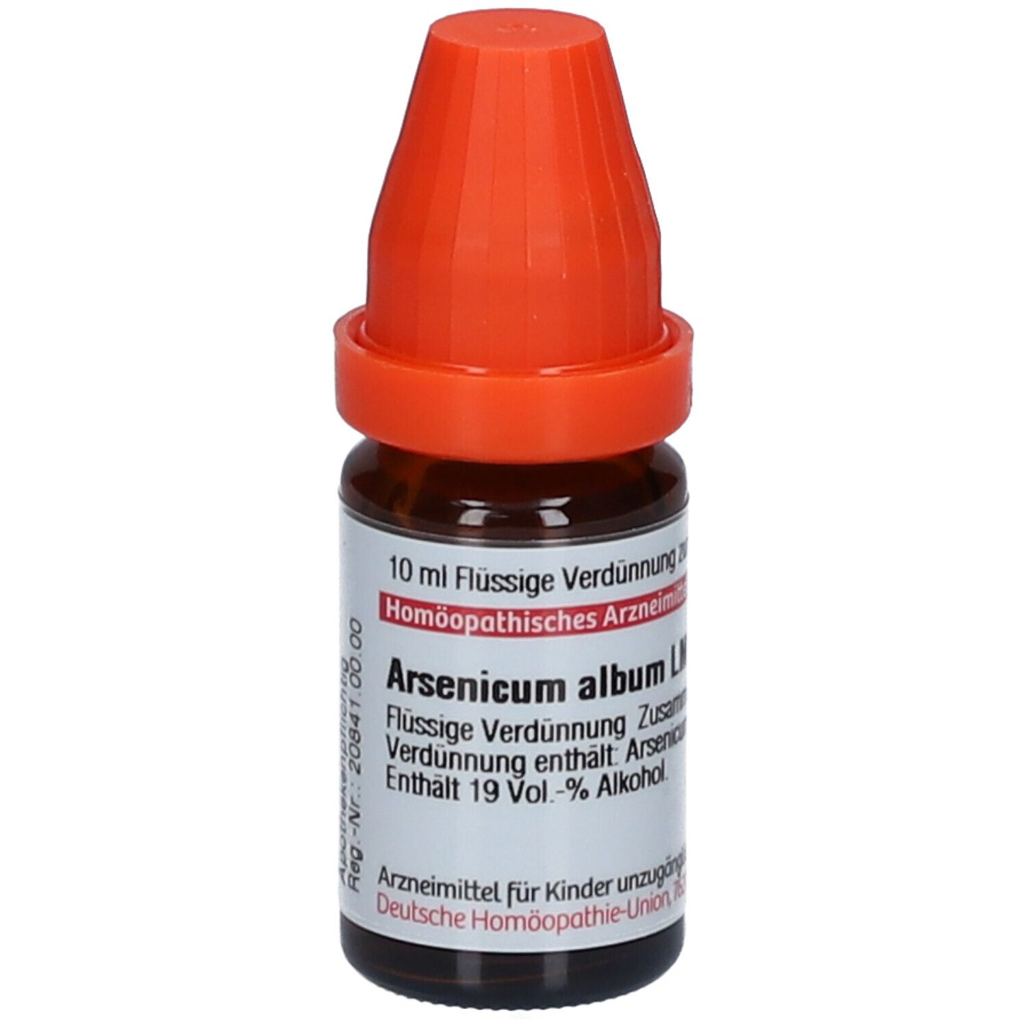 Braune Glasflasche mit orangefarbenem Verschluss. Beschriftung: Arsenicum album LM XXIV, 10 ml Flüssige Verdünnung.