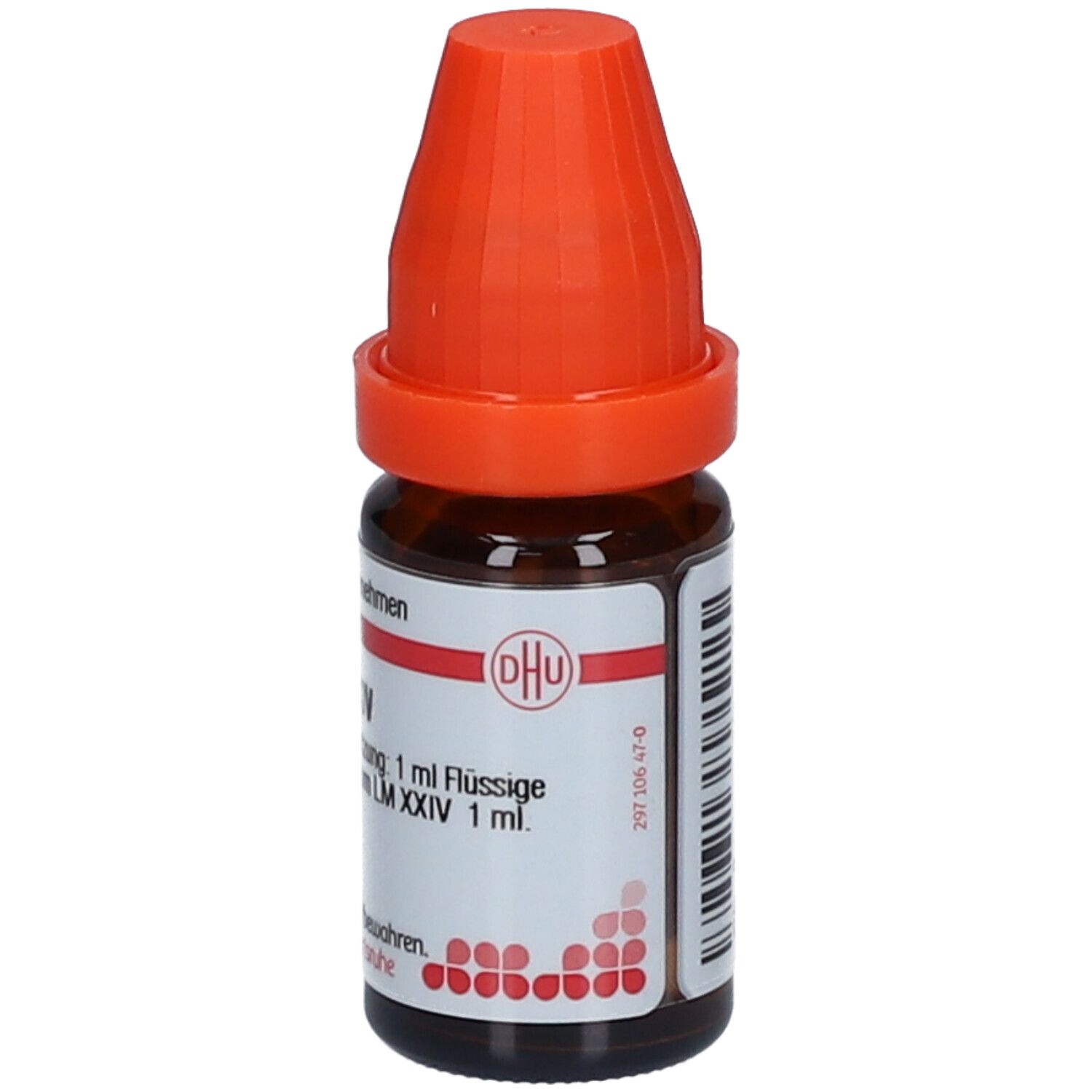 Braune Glasflasche mit orangefarbenem Verschluss. Beschriftung: DHU, Arsenicum album LM XXIV, 1 ml Flüssige Verdünnung.