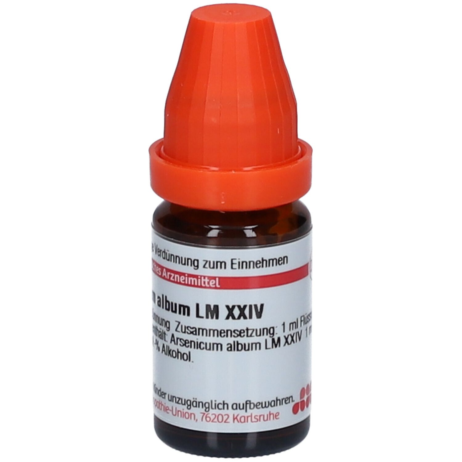 Braune Glasflasche mit orangefarbenem Verschluss. Beschriftung: Arsenicum album LM XXIV, 1 ml Flüssige Verdünnung.