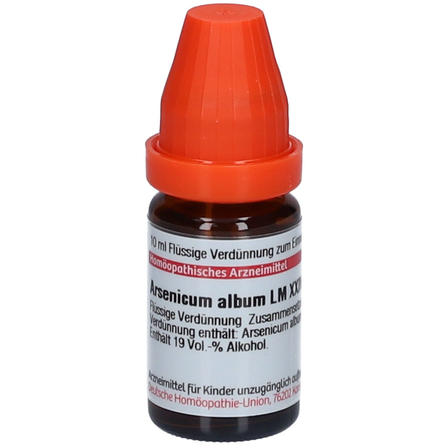 Braune Glasflasche mit orangefarbenem Verschluss. Beschriftung: Arsenicum album LM XXIV, 10 ml Flüssige Verdünnung.
