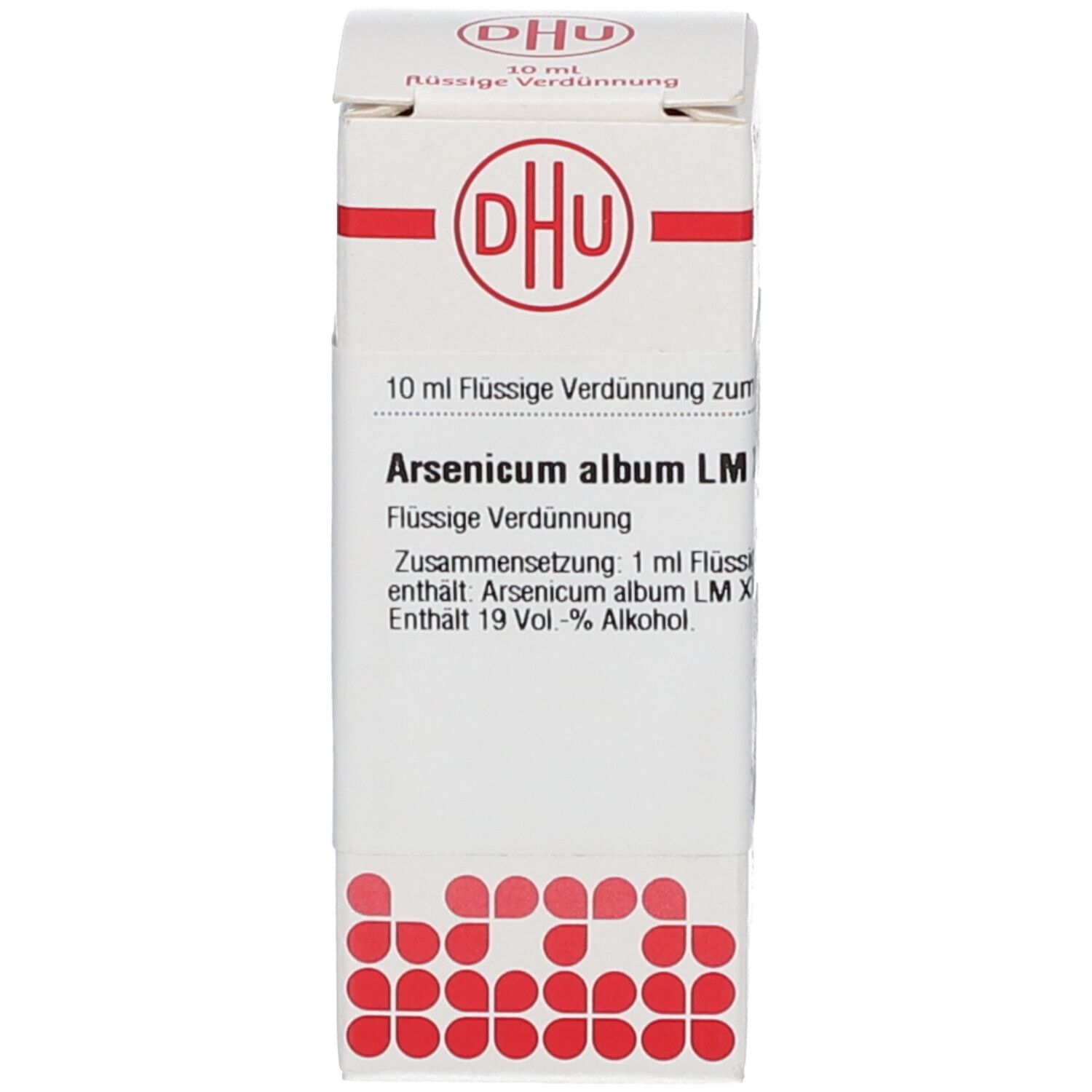 Weiße Schachtel mit roter und blauer Beschriftung. Aufschrift: DHU, Arsenicum album LM, 10 ml Flüssige Verdünnung.