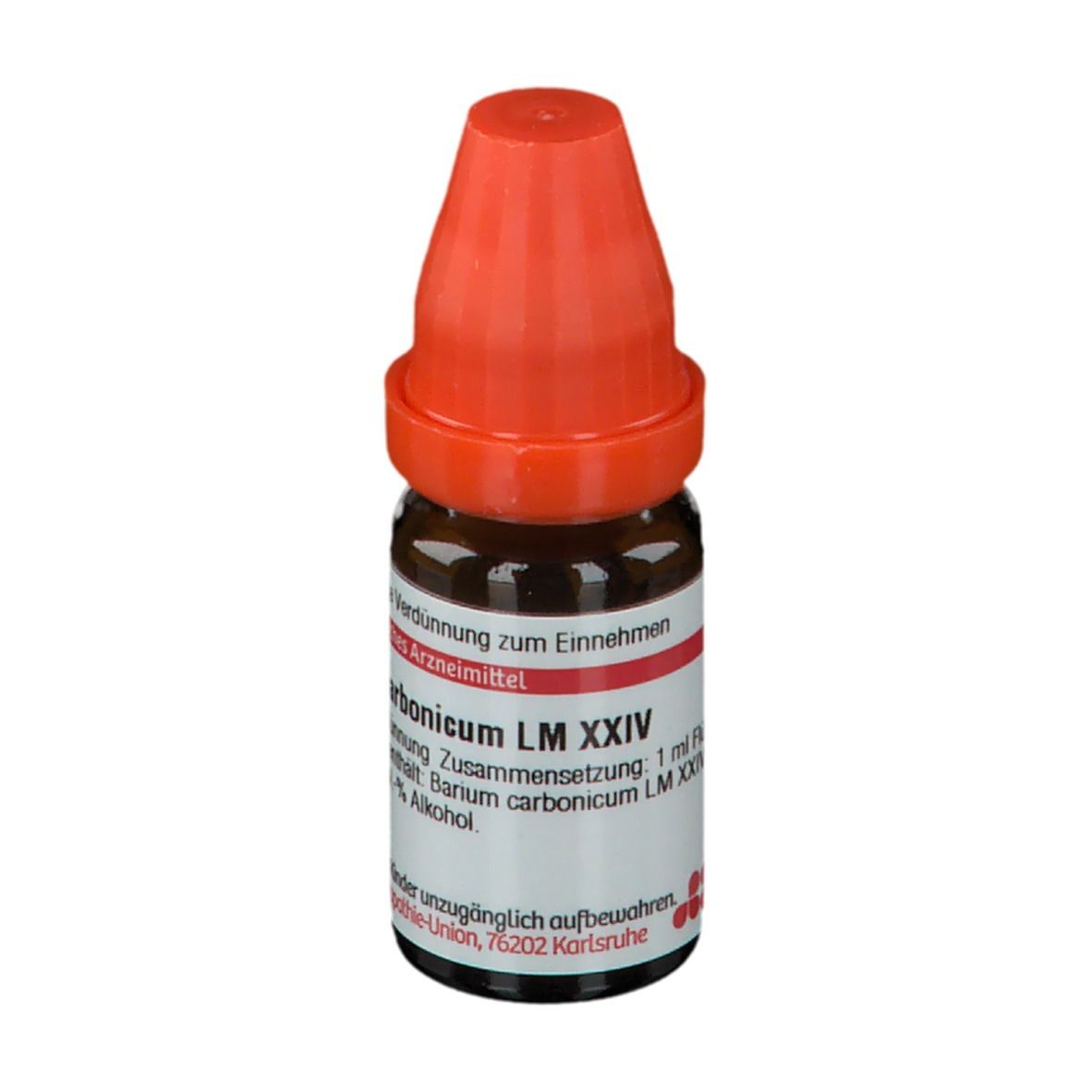 Braune Glasflasche mit rotem Verschluss. Beschriftung: Barium carbonicum LM XXIV. 1 ml Flüssige Verdünnung. Apothekenpflichtig.