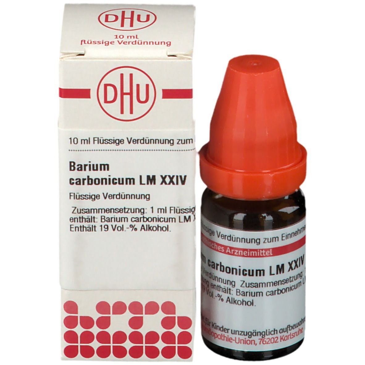 Braune Glasflasche mit rotem Verschluss neben weißer Schachtel. Beschriftung: DHU, Barium carbonicum LM XXIV.