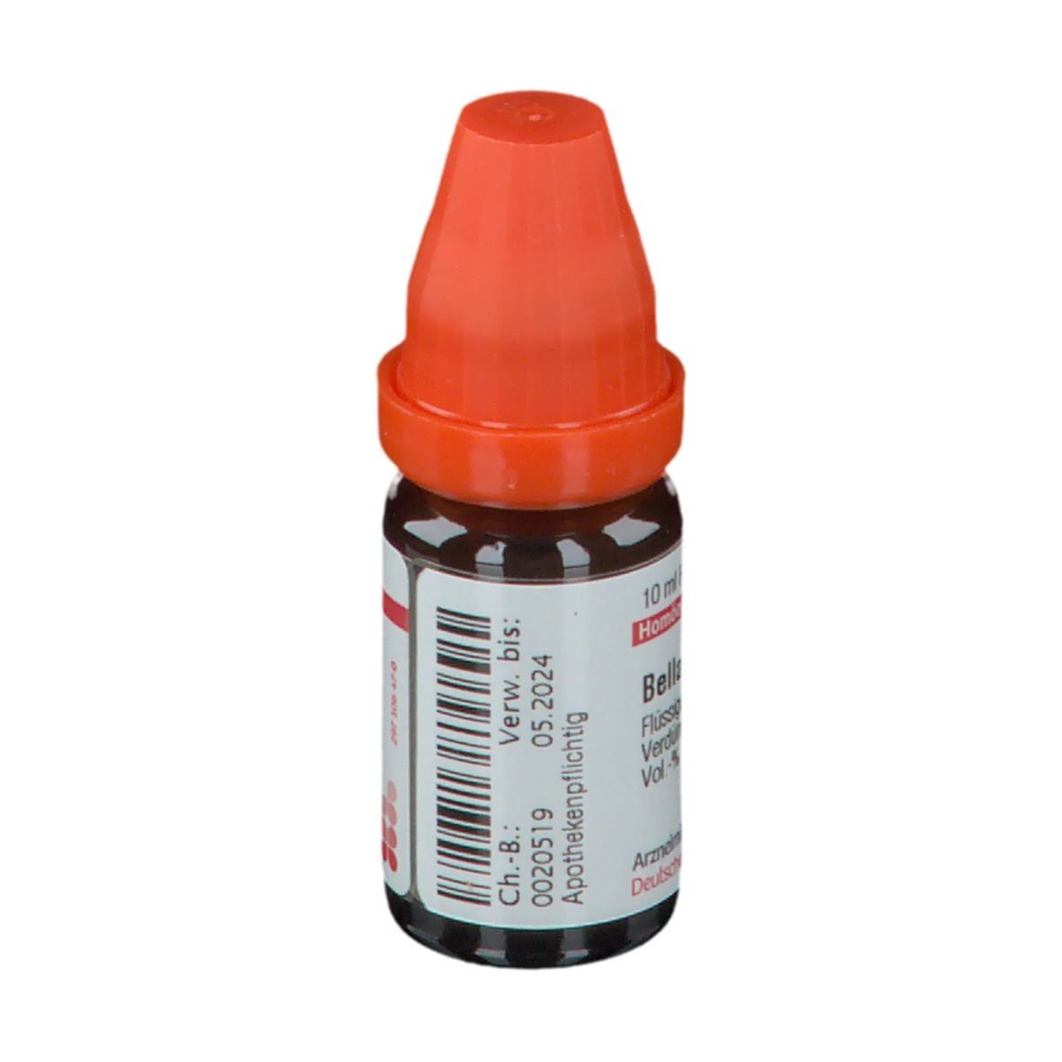 Braune Glasflasche mit orangefarbenem Verschluss. Beschriftung: Belladonna LM XXIV, 10 ml Flüssige Verdünnung.