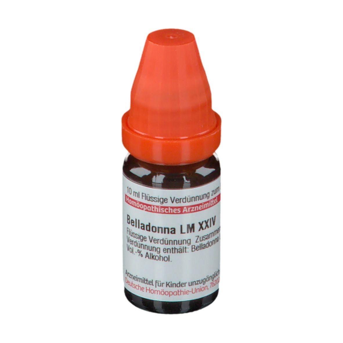 Braune Glasflasche mit orangefarbenem Verschluss. Beschriftung: Belladonna LM XXIV, 10 ml Flüssige Verdünnung.
