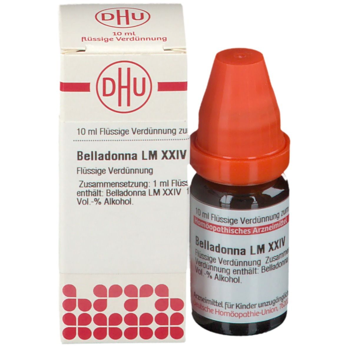 Braune Glasflasche mit orangefarbenem Verschluss und Karton. Beschriftung: Belladonna LM XXIV, 10 ml Flüssige Verdünnung.