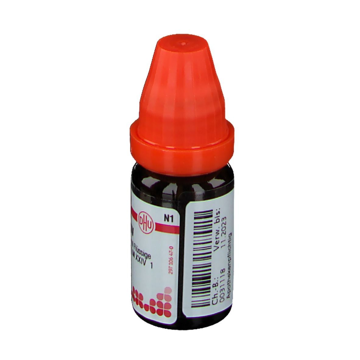 Braune Glasflasche mit rotem Verschluss. Etikett mit Text: Calcium phosphoricum LM XXIV, N1, Verwendbar bis 11.2023.