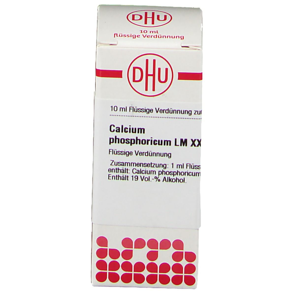 Karton mit Text: DHU, Calcium phosphoricum LM XX, 10 ml flüssige Verdünnung. Rote Punkte auf weißem Grund.