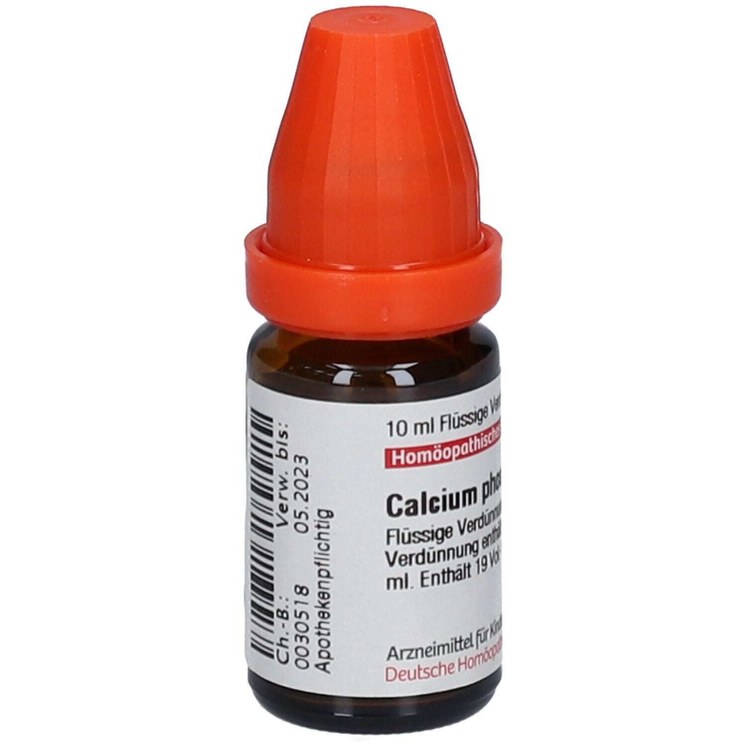 Braune Glasflasche mit orangefarbenem Verschluss. Beschriftung: Calcium phosphoricum, 10 ml Flüssige Verdünnung. Barcode.
