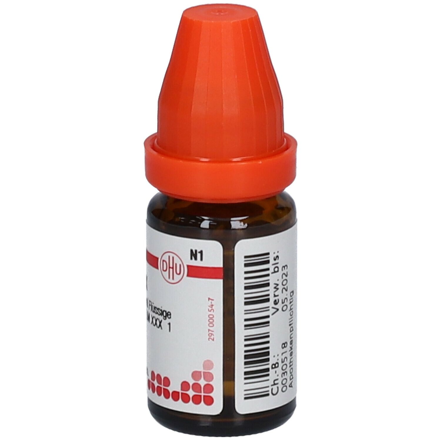 Braune Glasflasche mit orangefarbenem Verschluss. Beschriftung: DHU, N1, Calcium phosphoricum LM XXX. Barcode.