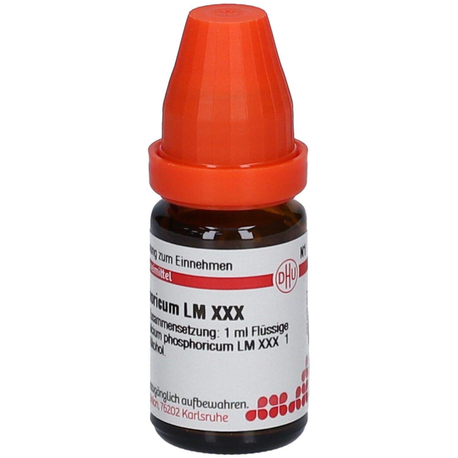 Braune Glasflasche mit orangefarbenem Verschluss. Beschriftung: Calcium phosphoricum LM XXX, 1 ml Flüssige Verdünnung.