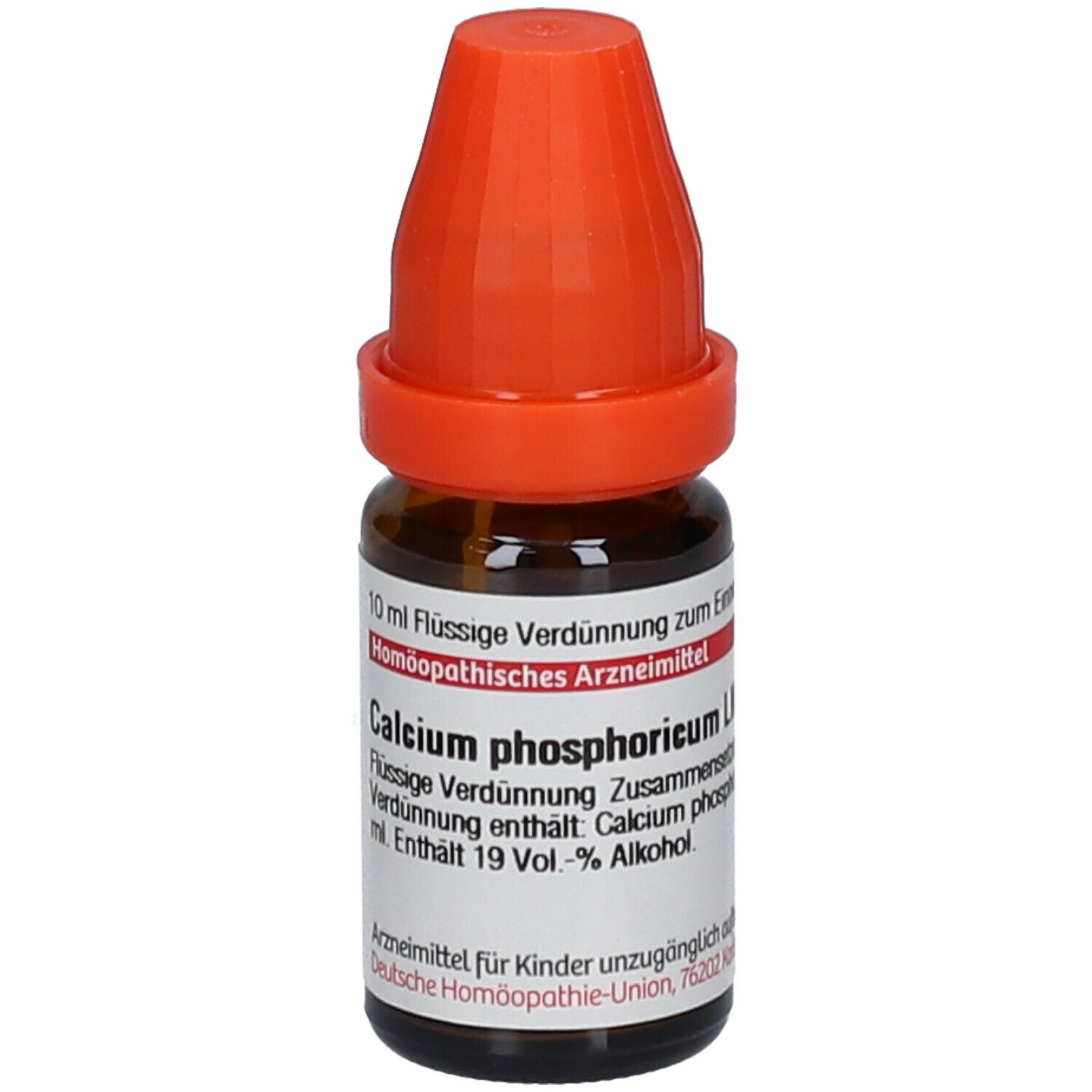 Braune Glasflasche mit orangefarbenem Verschluss. Beschriftung: Calcium phosphoricum LM XXX, 10 ml Flüssige Verdünnung.