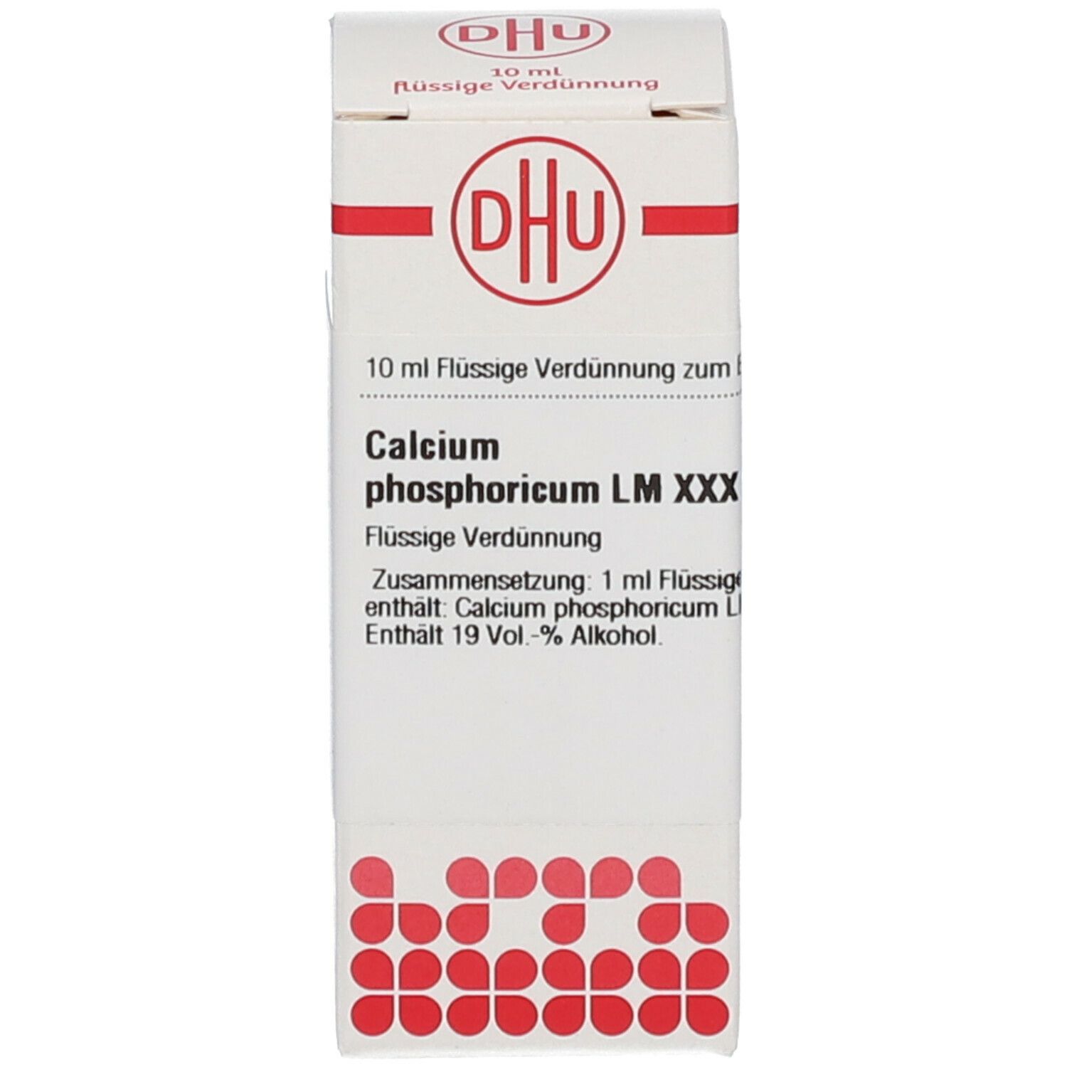 Weiße Schachtel mit rotem Logo und Beschriftung: DHU, Calcium phosphoricum LM XXX, 10 ml Flüssige Verdünnung.