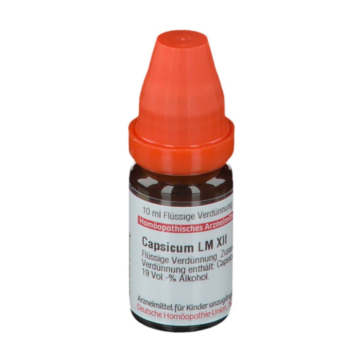 Braune Glasflasche mit orangefarbenem Verschluss. Beschriftung: Capsicum LM XII, 10 ml flüssige Verdünnung.