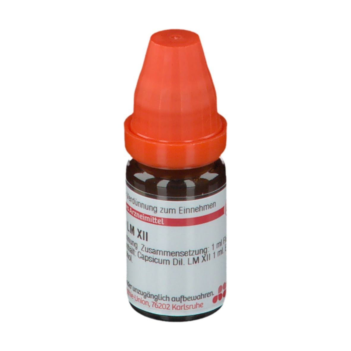 Braune Glasflasche mit orangefarbenem Verschluss. Beschriftung: Capsicum LM XII, 1 ml Flüssig.