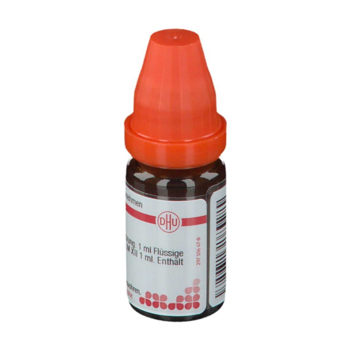 Braune Glasflasche mit orangefarbenem Verschluss. Beschriftung: DHU, Capsicum LM XII, 1 ml Flüssig.