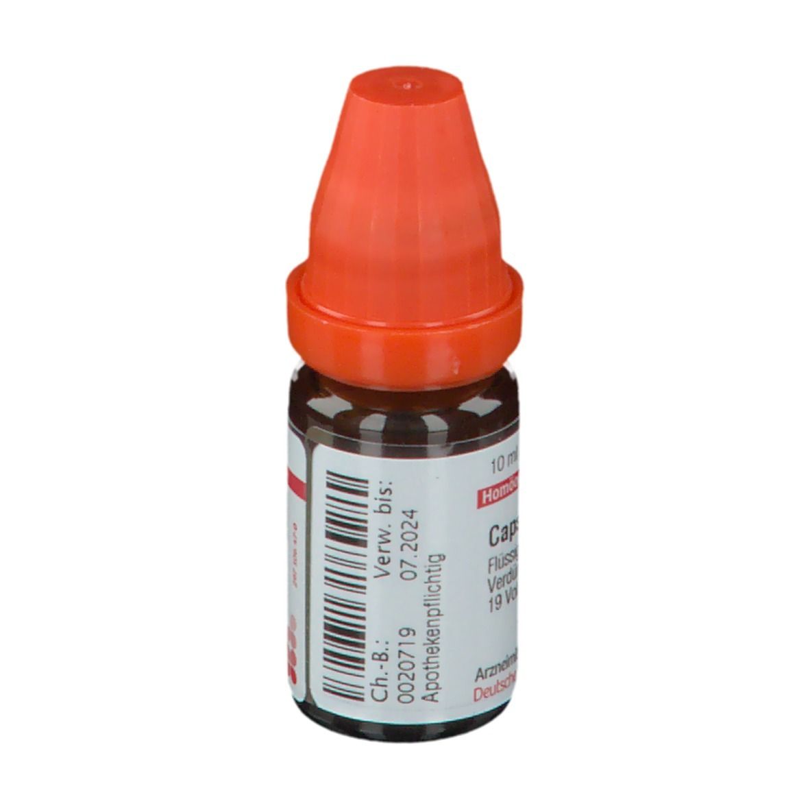 Braune Glasflasche mit orangefarbenem Verschluss. Beschriftung: Capsicum LM XII, Verwendbar bis 07.2024.