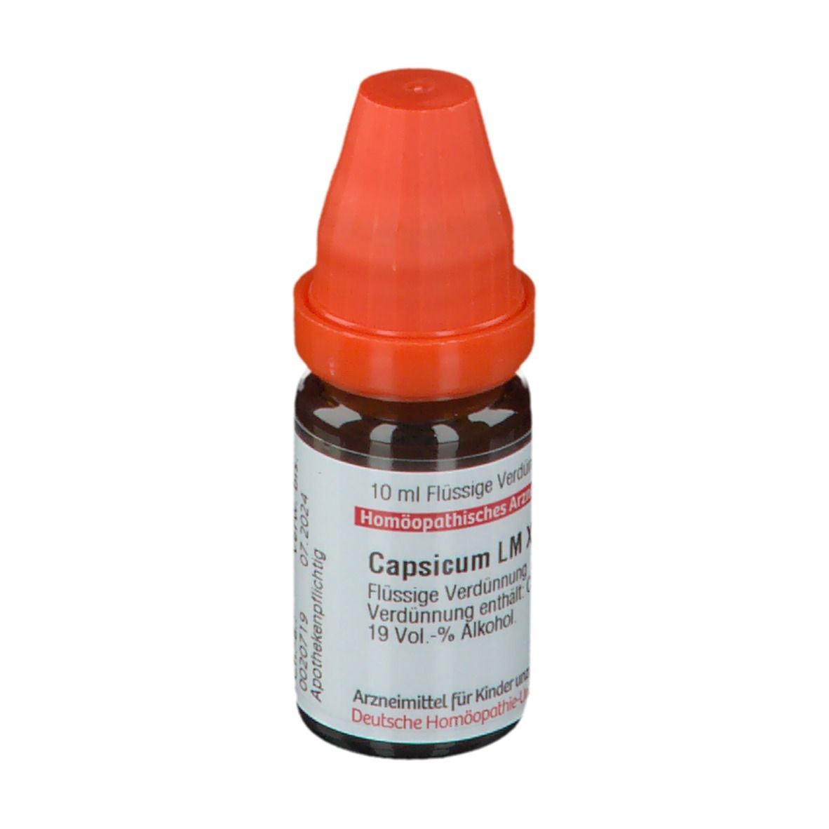 Braune Glasflasche mit orangefarbenem Verschluss. Beschriftung: Capsicum LM XII, 10 ml flüssige Verdünnung.