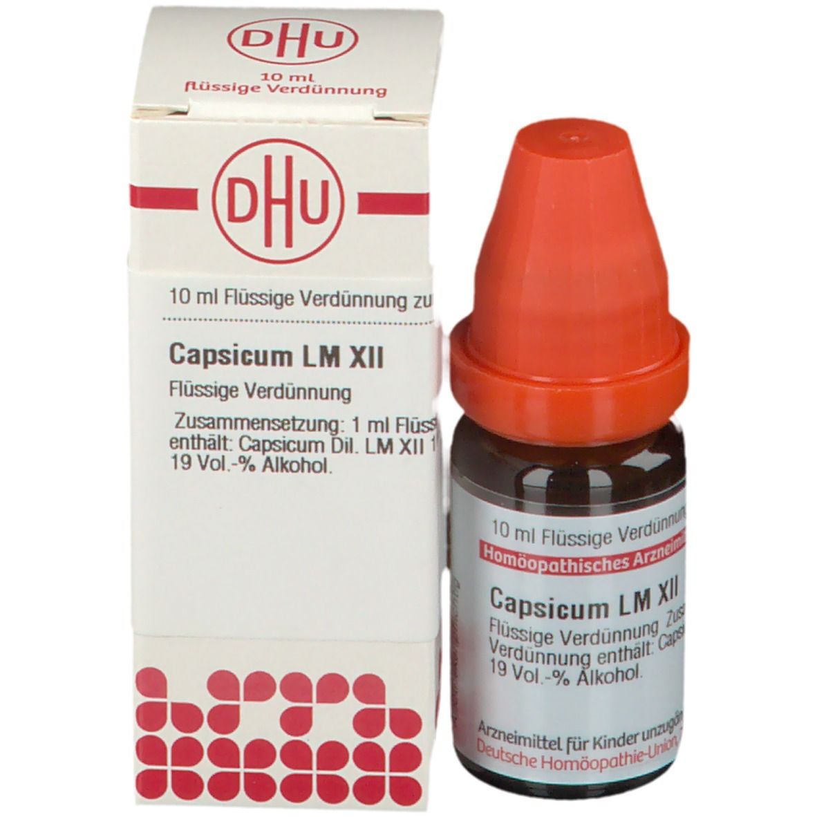 Braune Glasflasche mit orangefarbenem Verschluss und Verpackung. Beschriftung: DHU, Capsicum LM XII.