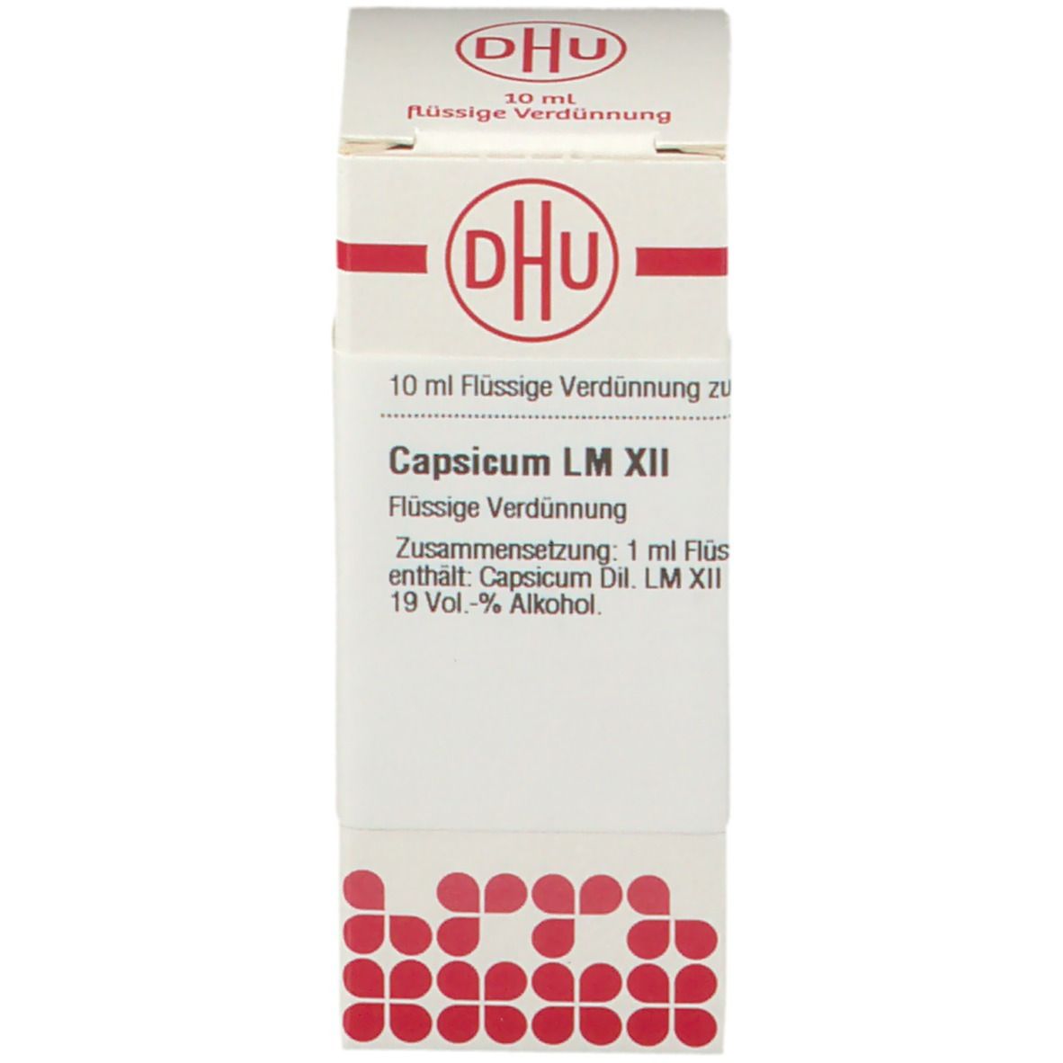 Verpackung mit Beschriftung: DHU, Capsicum LM XII, 10 ml flüssige Verdünnung.