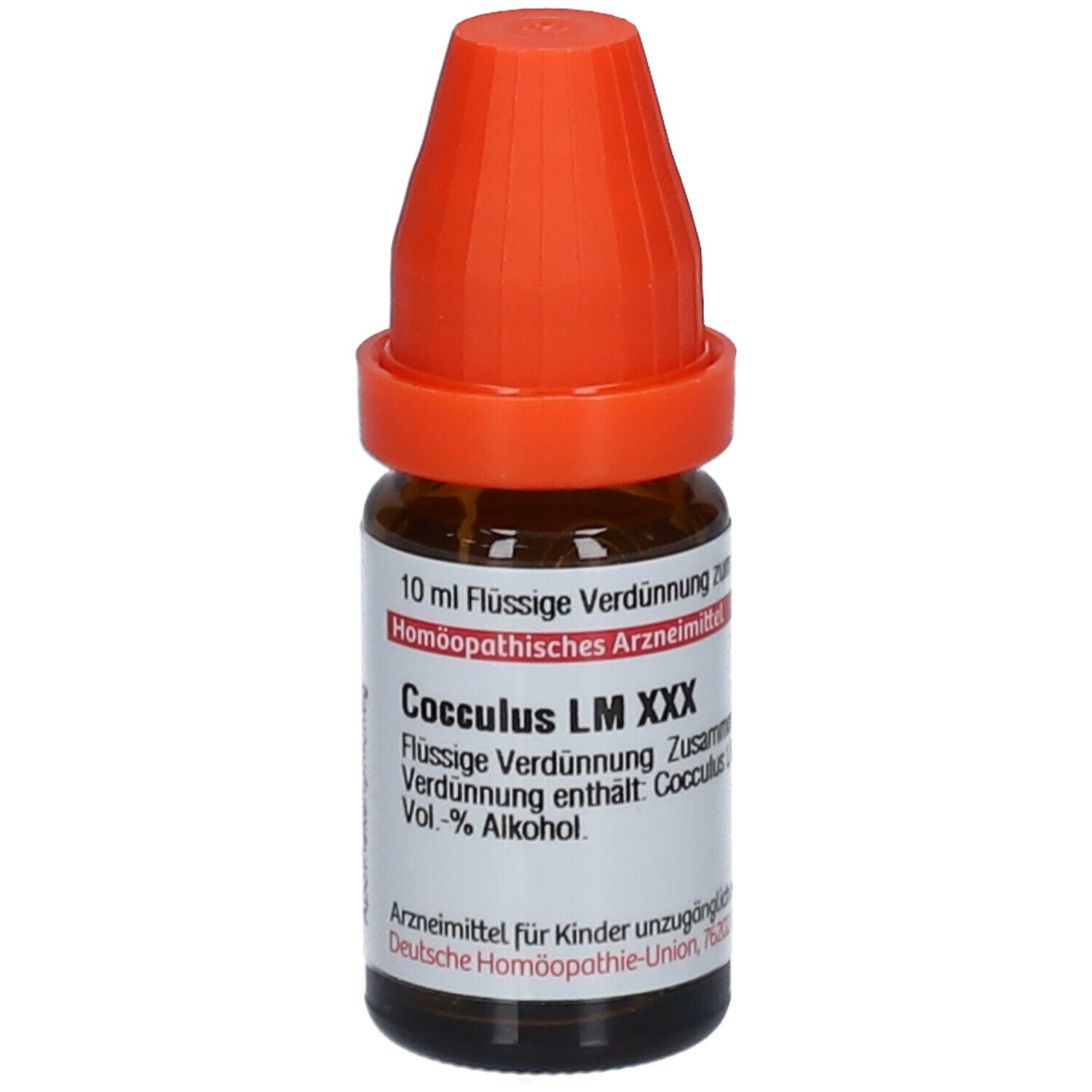 Braune Glasflasche mit orangefarbenem Verschluss. Beschriftung: Cocculus LM XXX, 10 ml Flüssige Verdünnung.