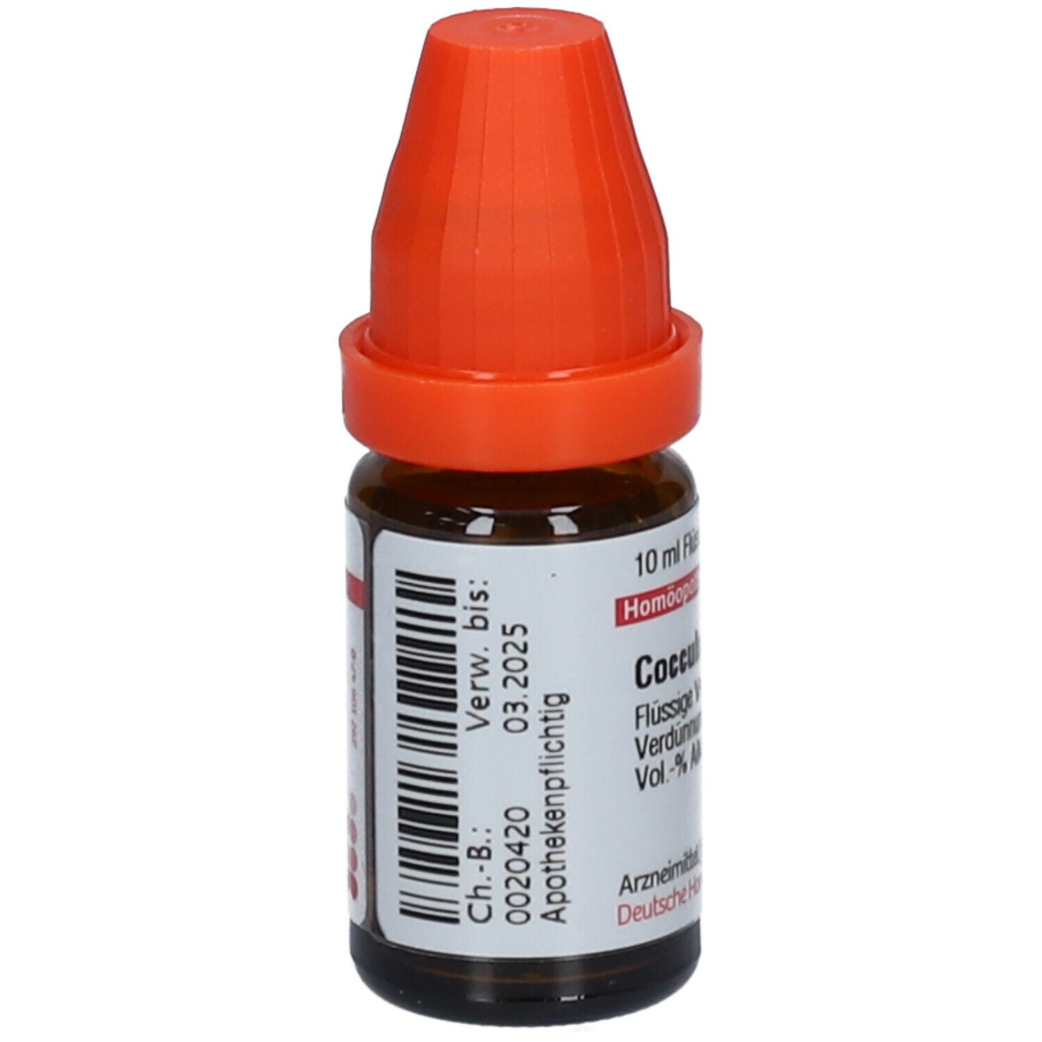 Braune Glasflasche mit orangefarbenem Verschluss. Etikett mit Barcode, Verfallsdatum und Produktinformationen.