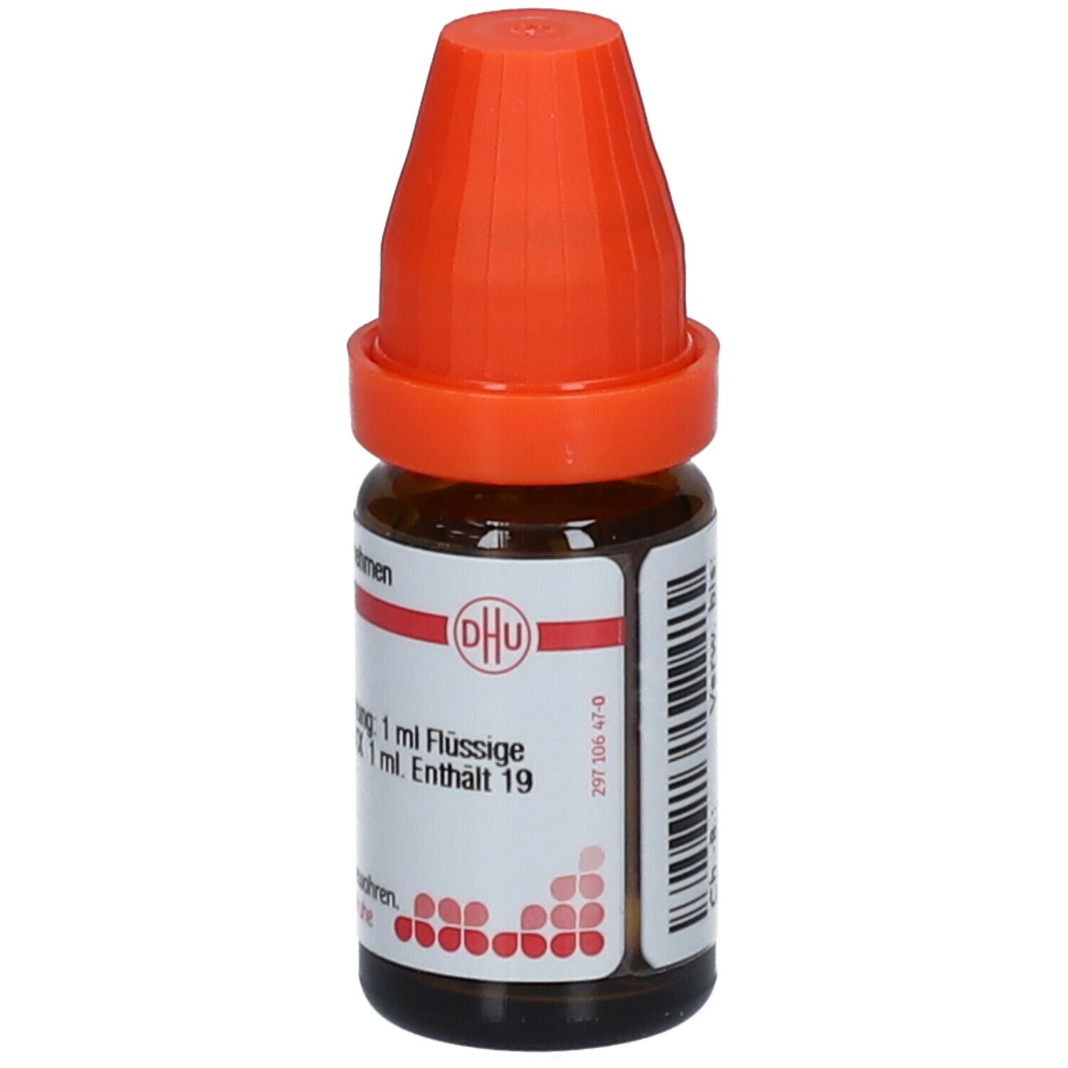 Braune Glasflasche mit orangefarbenem Verschluss. Etikett mit DHU-Logo und Produktinformationen.