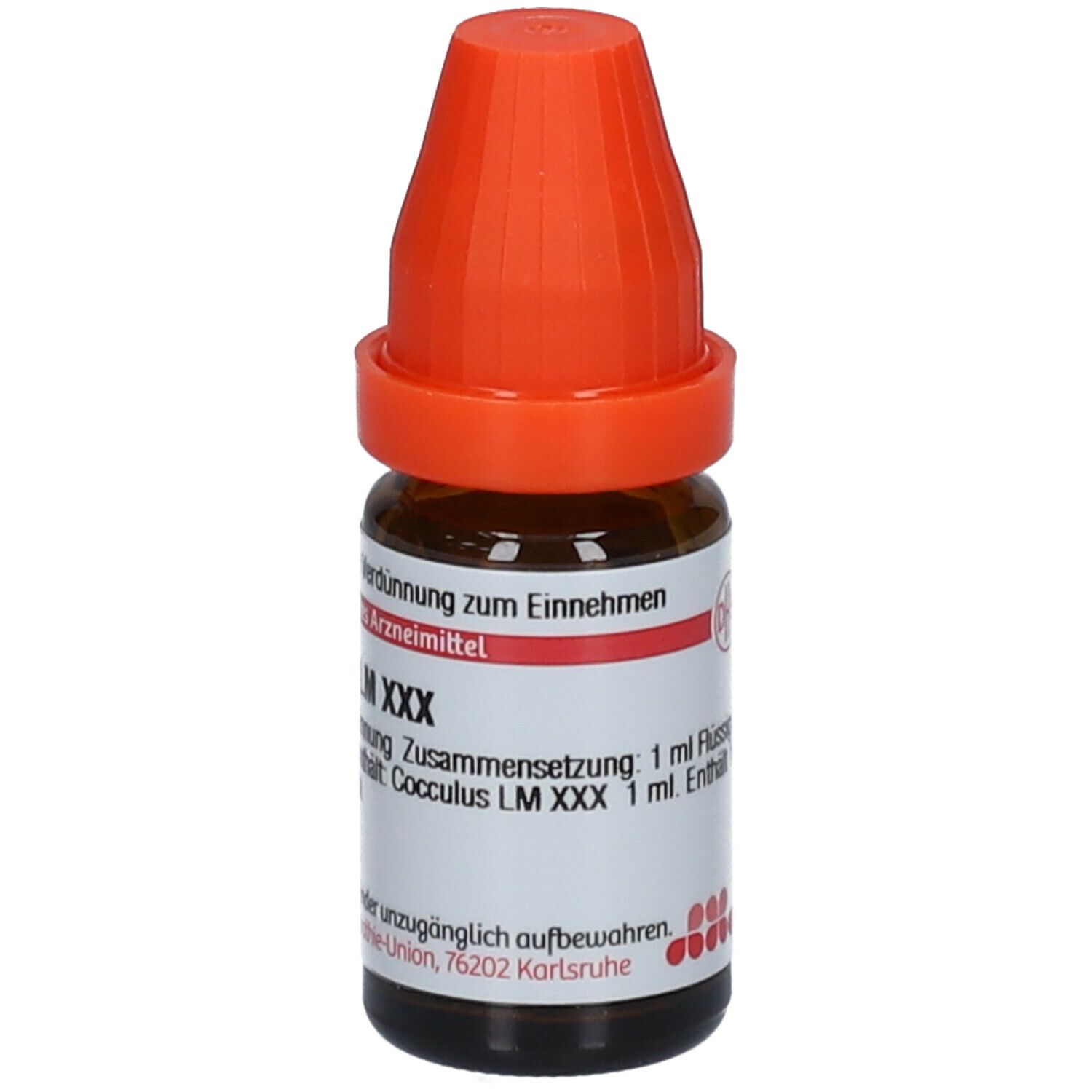 Braune Glasflasche mit orangefarbenem Verschluss. Beschriftung: Cocculus LM XXX, 1 ml Flüssige Verdünnung.