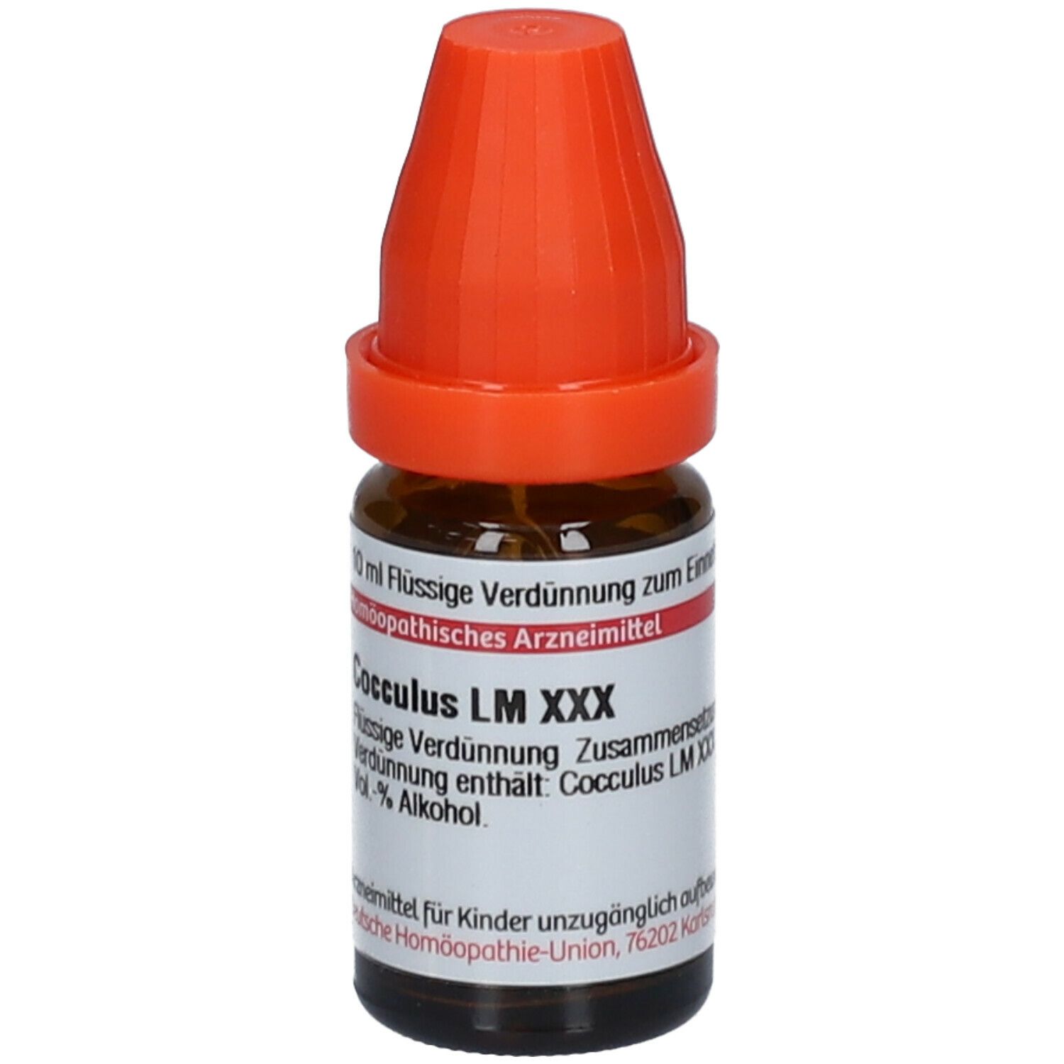 Braune Glasflasche mit orangefarbenem Verschluss. Beschriftung: Cocculus LM XXX, 10 ml Flüssige Verdünnung.
