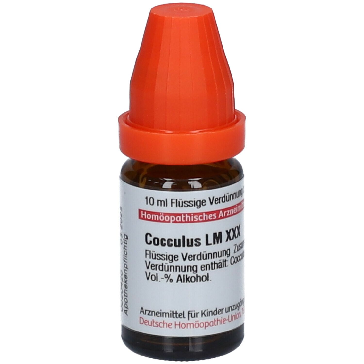 Braune Glasflasche mit orangefarbenem Verschluss. Beschriftung: Cocculus LM XXX, 10 ml Flüssige Verdünnung.