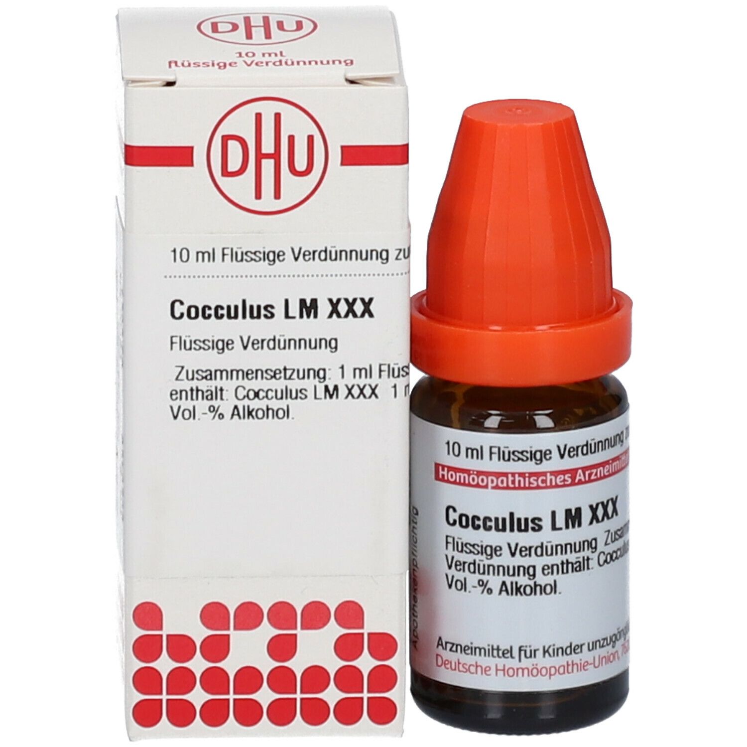 Braune Glasflasche mit orangefarbenem Verschluss und Karton. Beschriftung: DHU, Cocculus LM XXX, 10 ml.