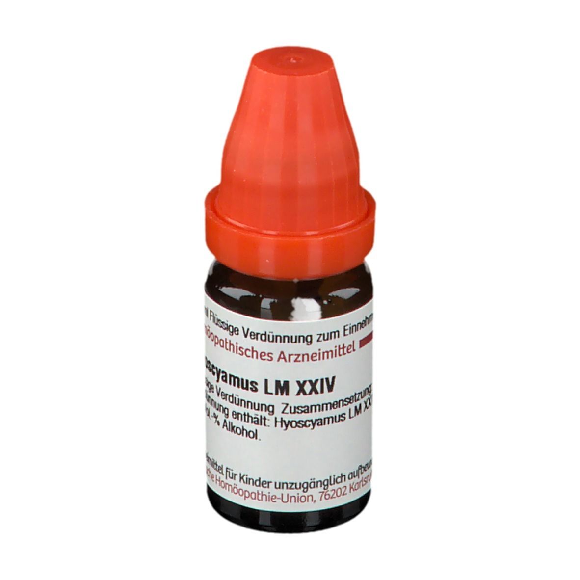 Braune Glasflasche mit rotem Verschluss. Beschriftung: Hyoscyamus LM XXIV, homöopathisches Arzneimittel.