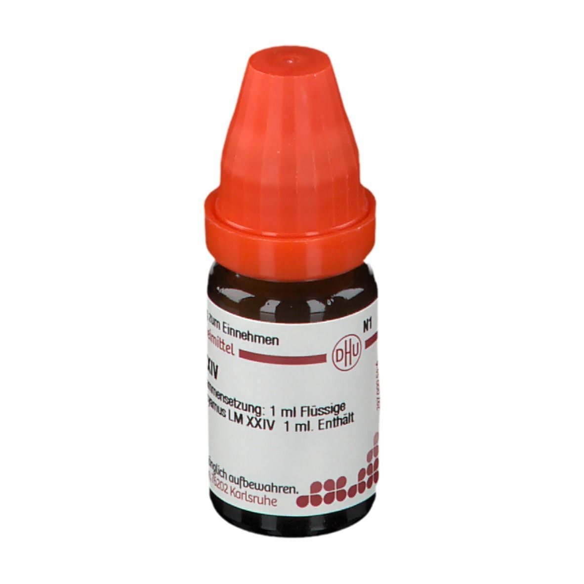 Braune Glasflasche mit rotem Verschluss. Beschriftung: Hyoscyamus LM XXIV, 1 ml Flüssige Verdünnung.