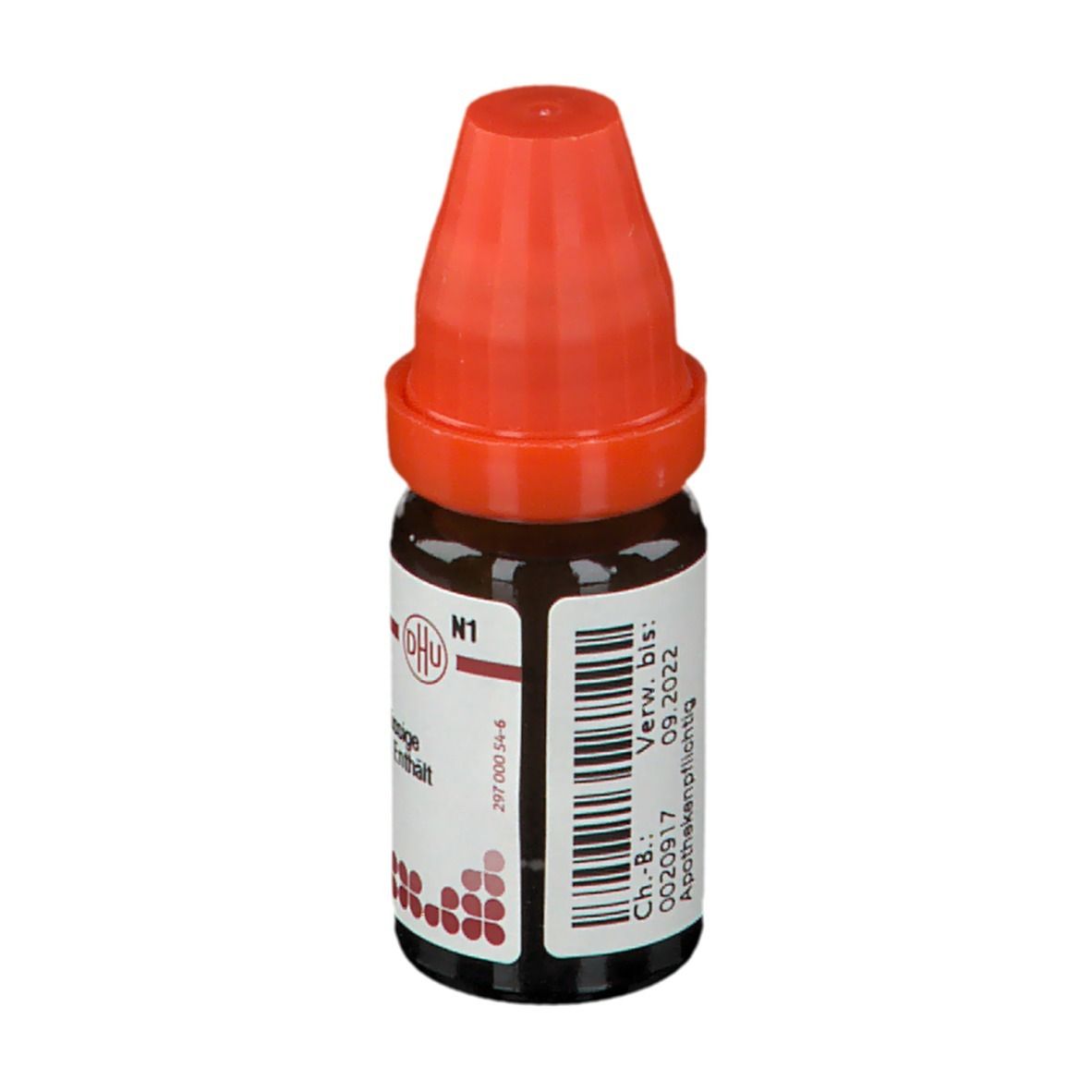 Braune Glasflasche mit rotem Verschluss. Beschriftung: Hyoscyamus LM XXIV, Verwendbar bis 09.2022.