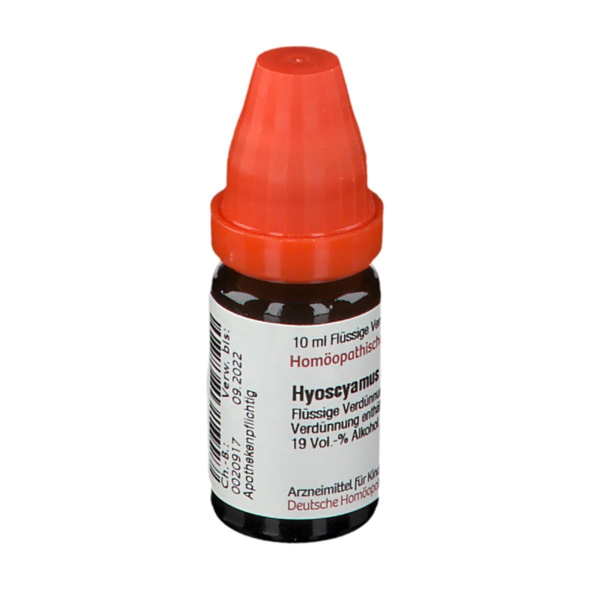 Braune Glasflasche mit rotem Verschluss. Beschriftung: 10 ml Flüssige Verdünnung, Hyoscyamus LM XXIV.