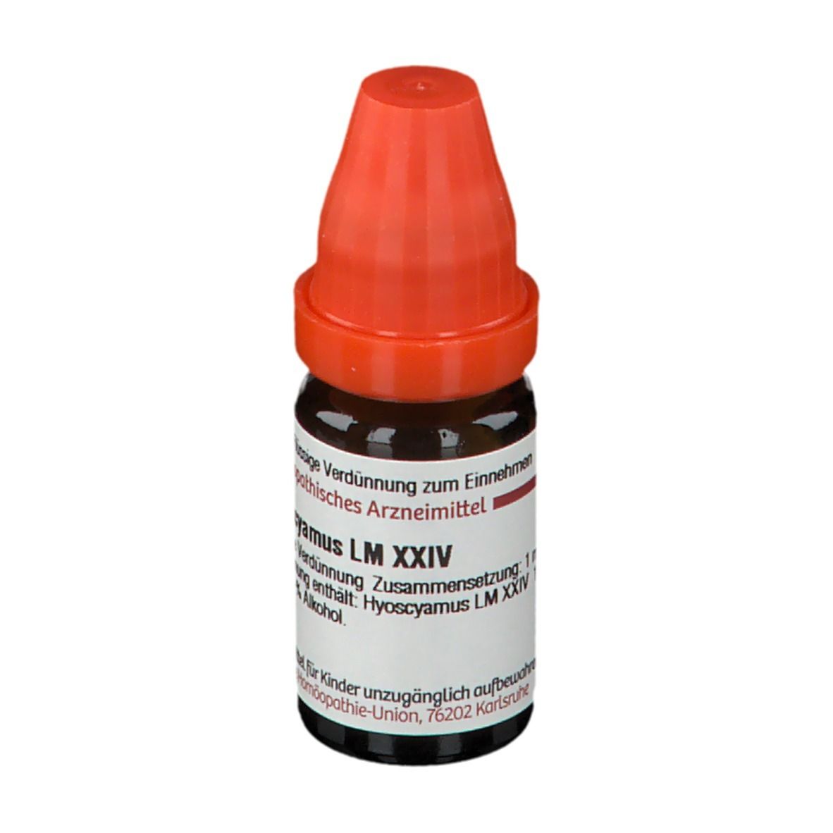 Braune Glasflasche mit rotem Verschluss. Beschriftung: Hyoscyamus LM XXIV, 1 ml Flüssige Verdünnung.