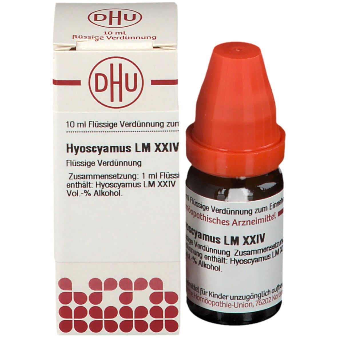 Braune Glasflasche mit rotem Verschluss und Verpackung. Beschriftung: Hyoscyamus LM XXIV, 10 ml Flüssige Verdünnung.