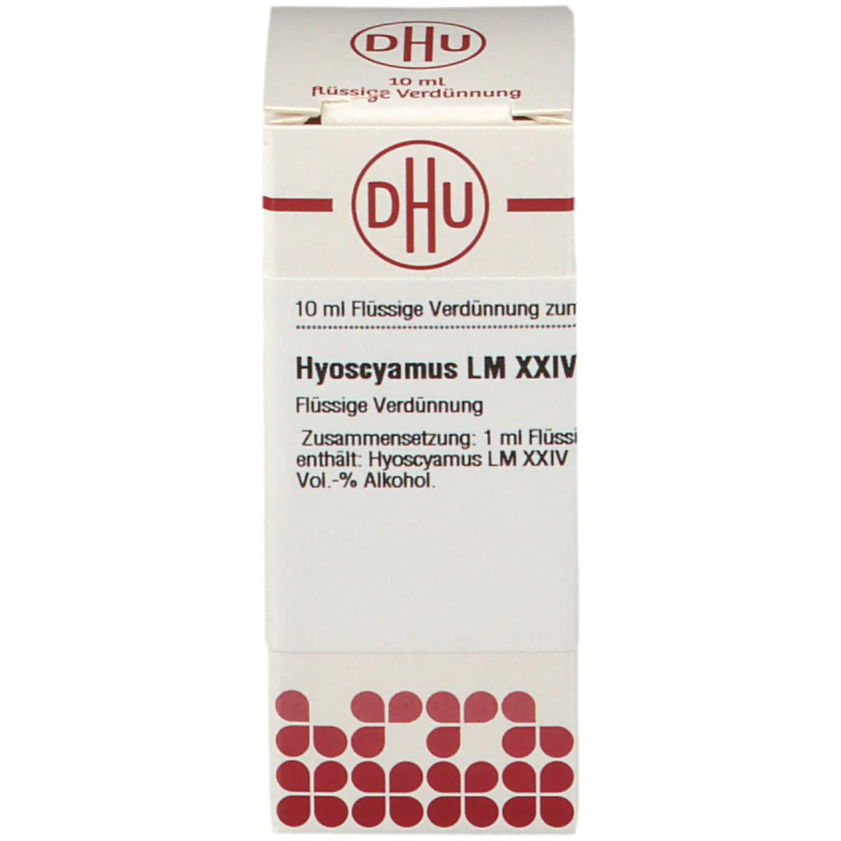 Weiße Verpackung mit Beschriftung: Hyoscyamus LM XXIV, 10 ml Flüssige Verdünnung.