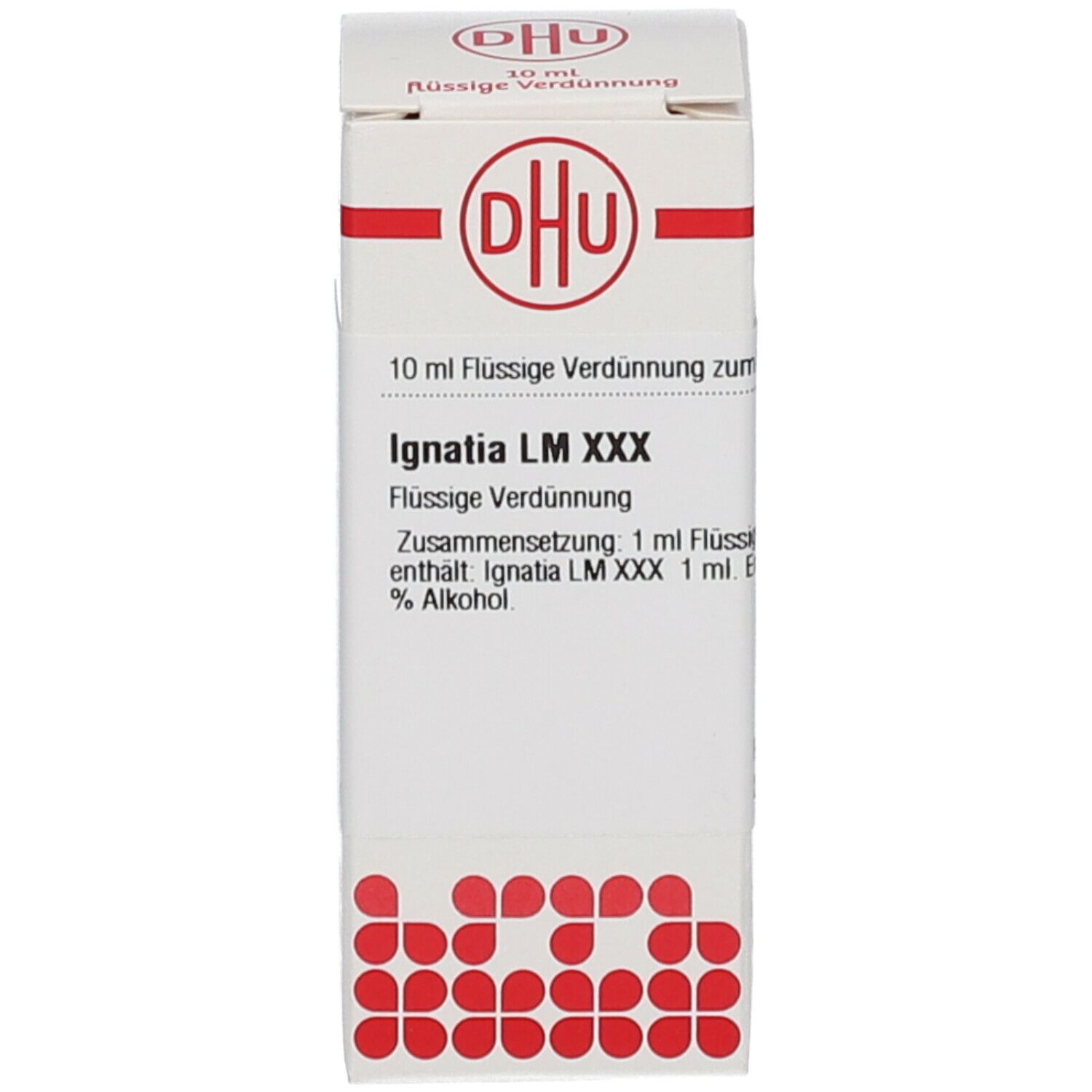 Weiße Schachtel mit Text: DHU, Ignatia LM XXX, 10 ml Flüssige Verdünnung. Logo DHU.