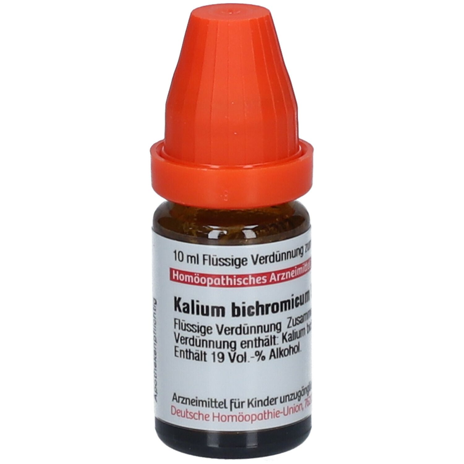 Braune Glasflasche mit orangefarbenem Verschluss. Beschriftung: Kalium bichromicum, 10 ml Flüssige Verdünnung.
