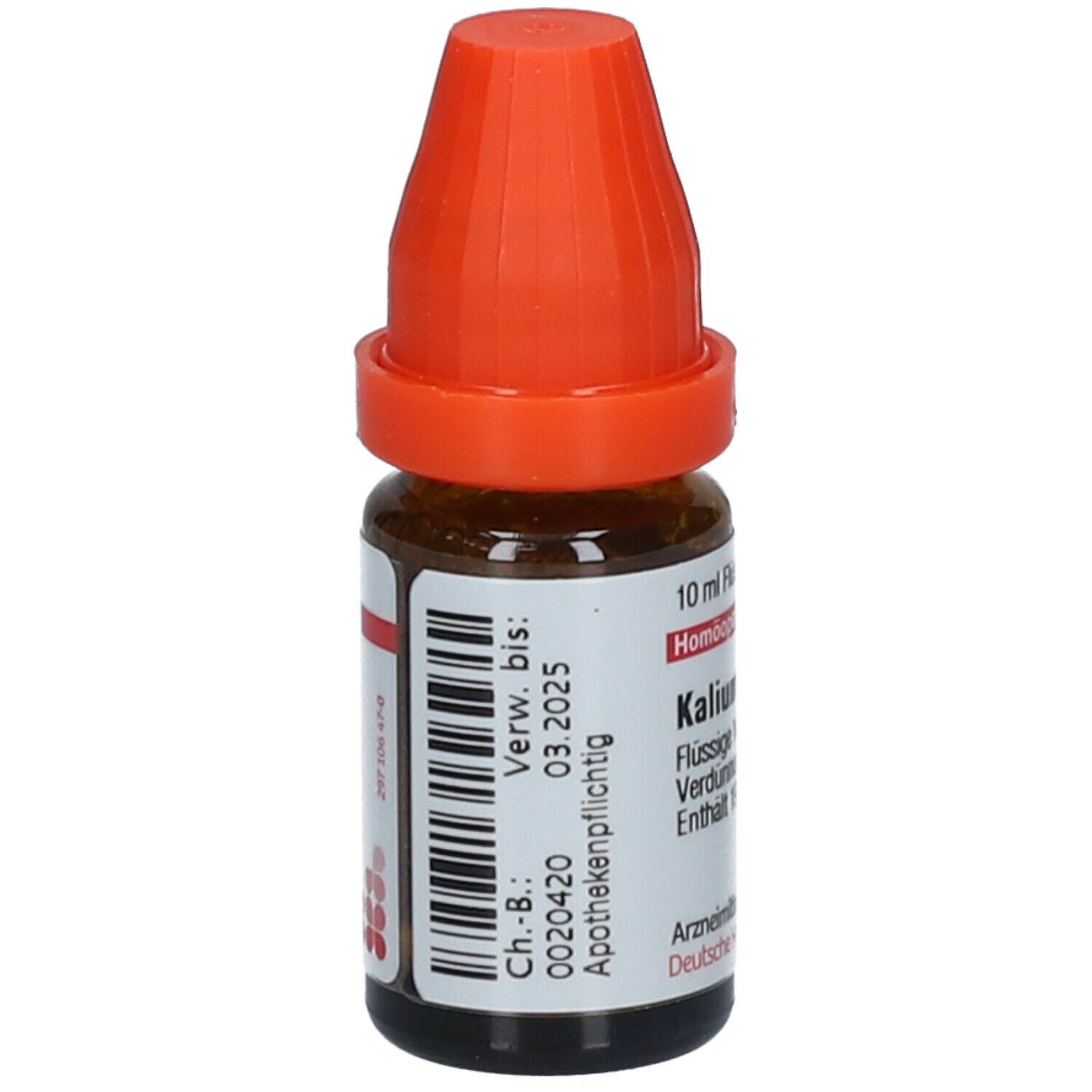 Braune Glasflasche mit orangefarbenem Verschluss. Beschriftung und Chargennummer. Verwendbar bis 03.2025.
