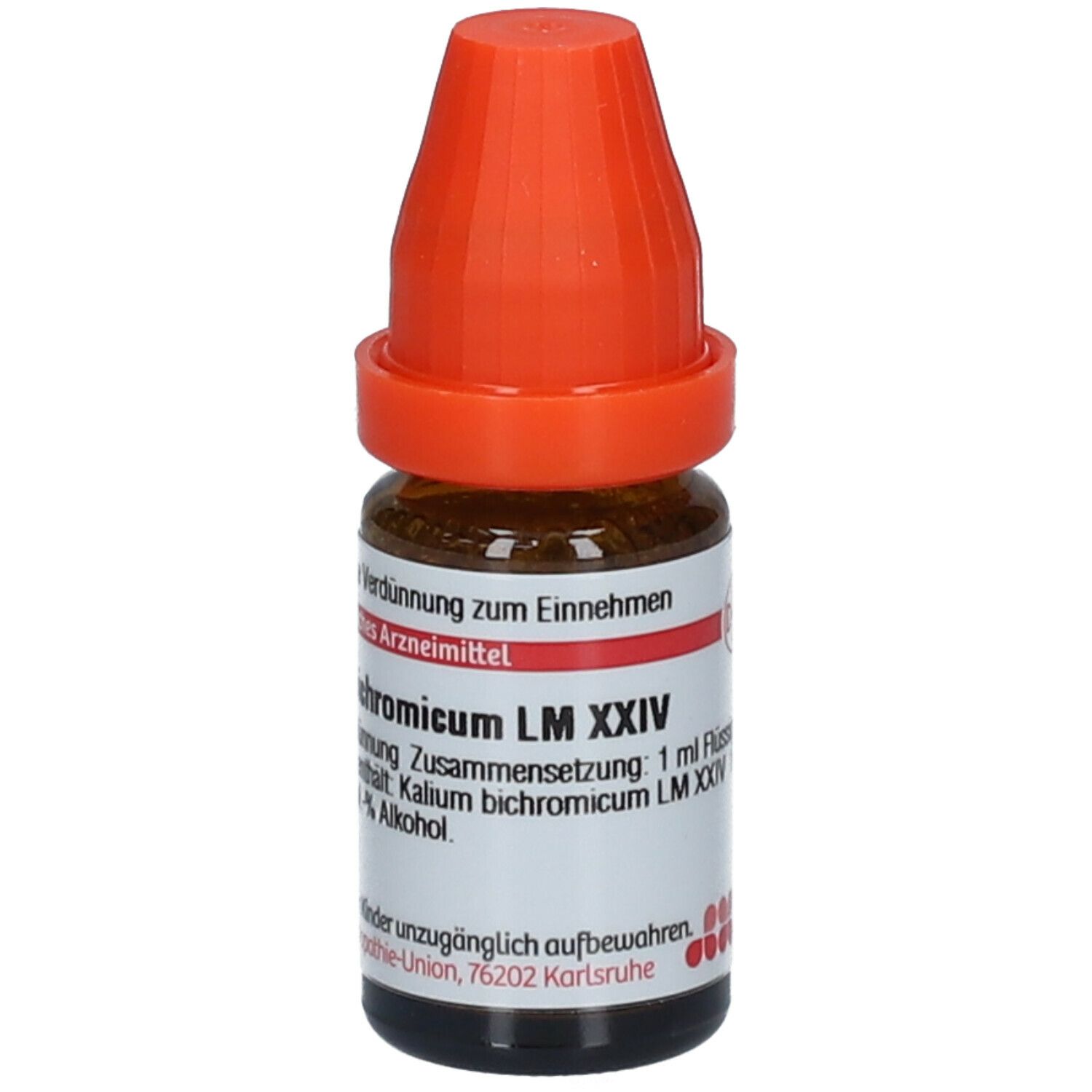 Braune Glasflasche mit orangefarbenem Verschluss. Beschriftung: Kalium bichromicum LM XXIV, 1 ml Flüssigverdünnung.