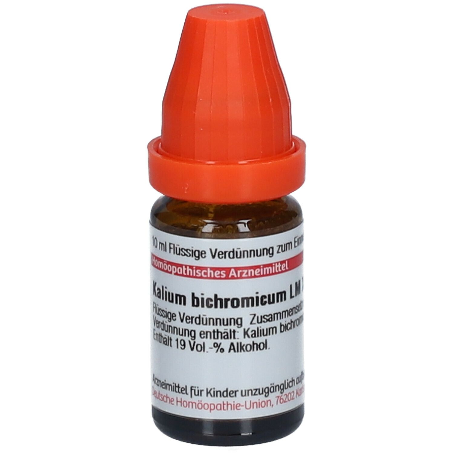 Braune Glasflasche mit orangefarbenem Verschluss. Beschriftung: Kalium bichromicum, 10 ml Flüssige Verdünnung.