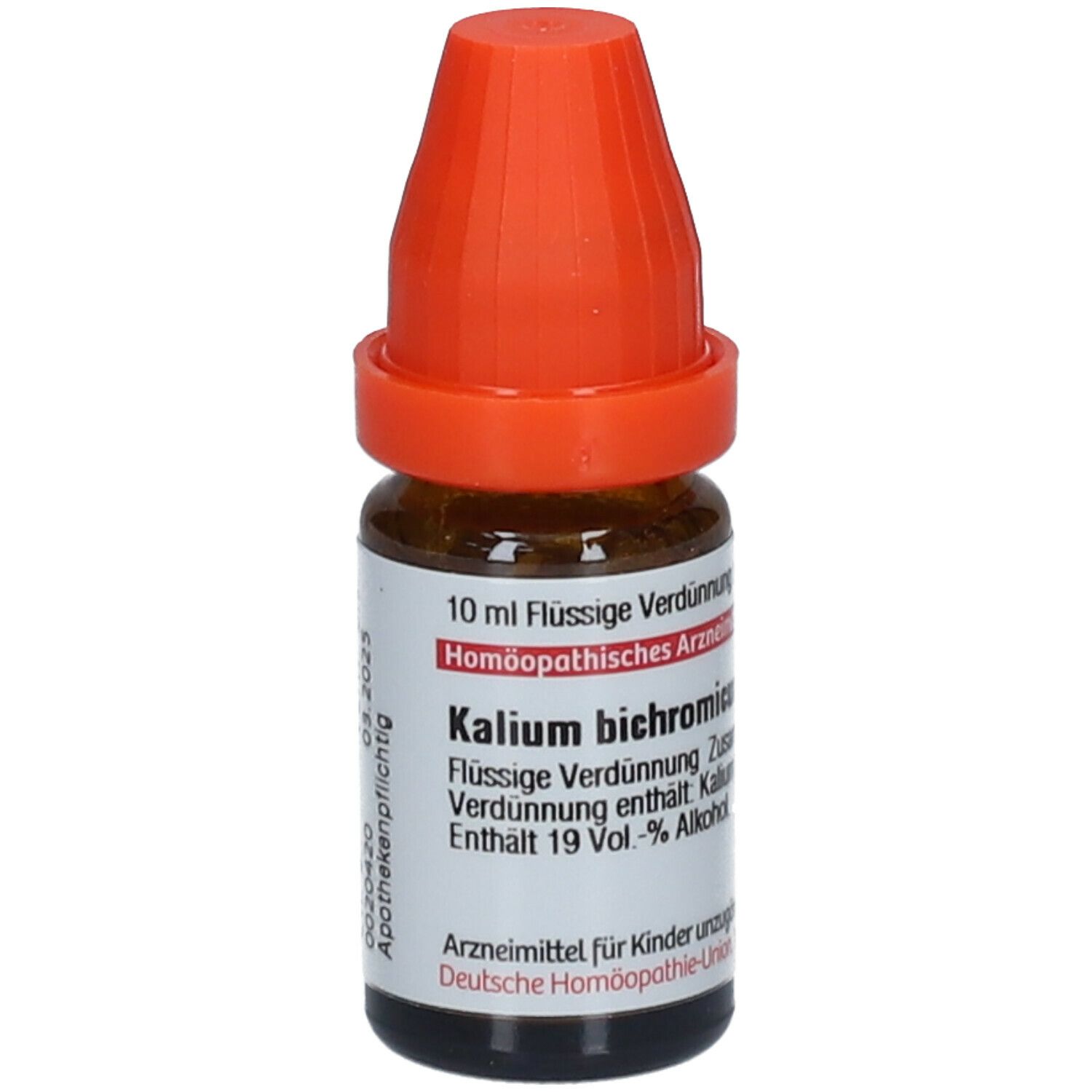 Braune Glasflasche mit orangefarbenem Verschluss. Beschriftung: Kalium bichromicum, 10 ml Flüssige Verdünnung.