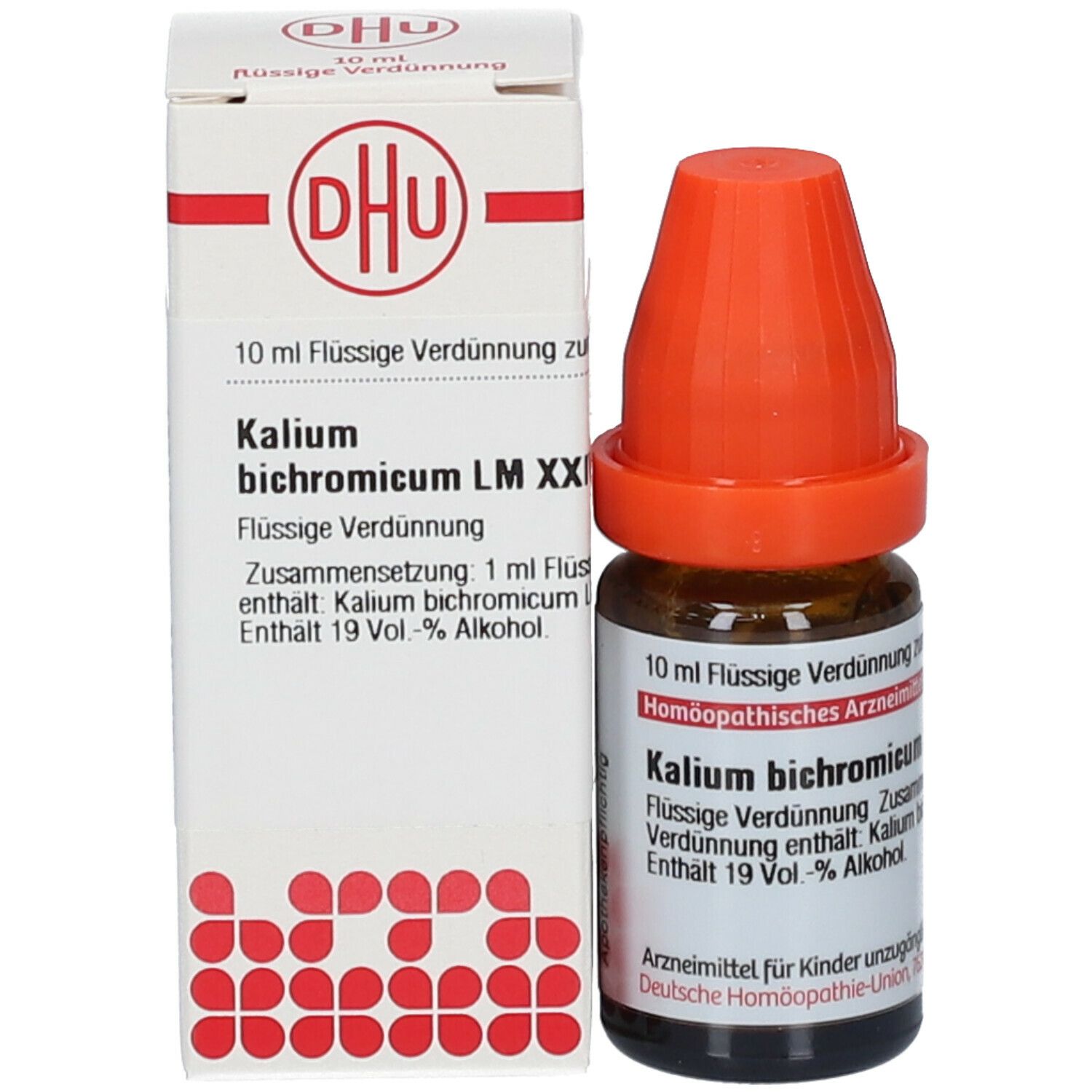 Braune Glasflasche mit orangefarbenem Verschluss neben weißer Schachtel. Auf der Schachtel: DHU, Kalium bichromicum LM XXIV.