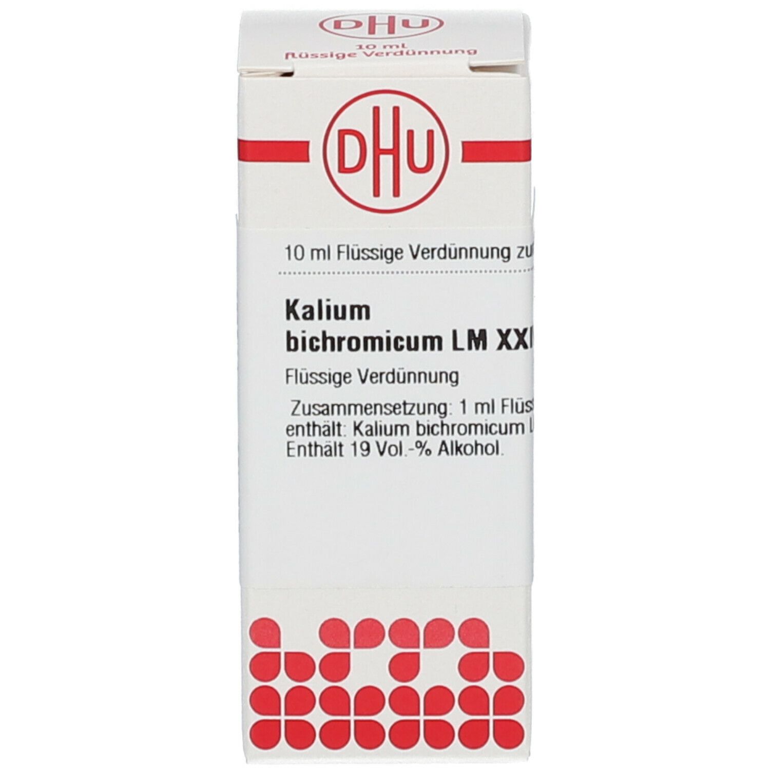 Weiße Schachtel mit DHU-Logo. Beschriftung: Kalium bichromicum LM XXIV, 10 ml Flüssige Verdünnung.