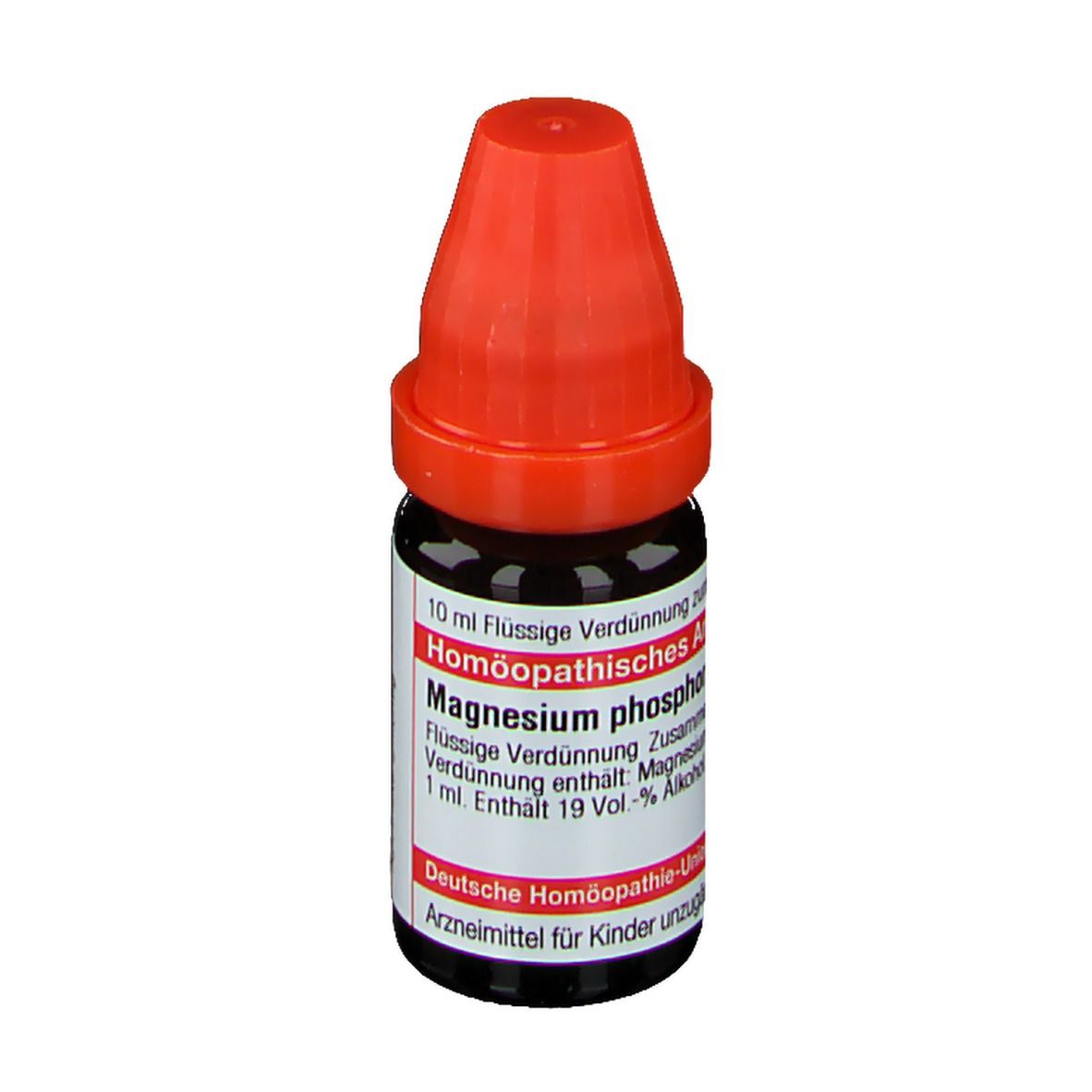 Braune Glasflasche mit rotem Verschluss. Etikett mit Text: Magnesium phosphoricum, 10 ml Flüssige Verdünnung.