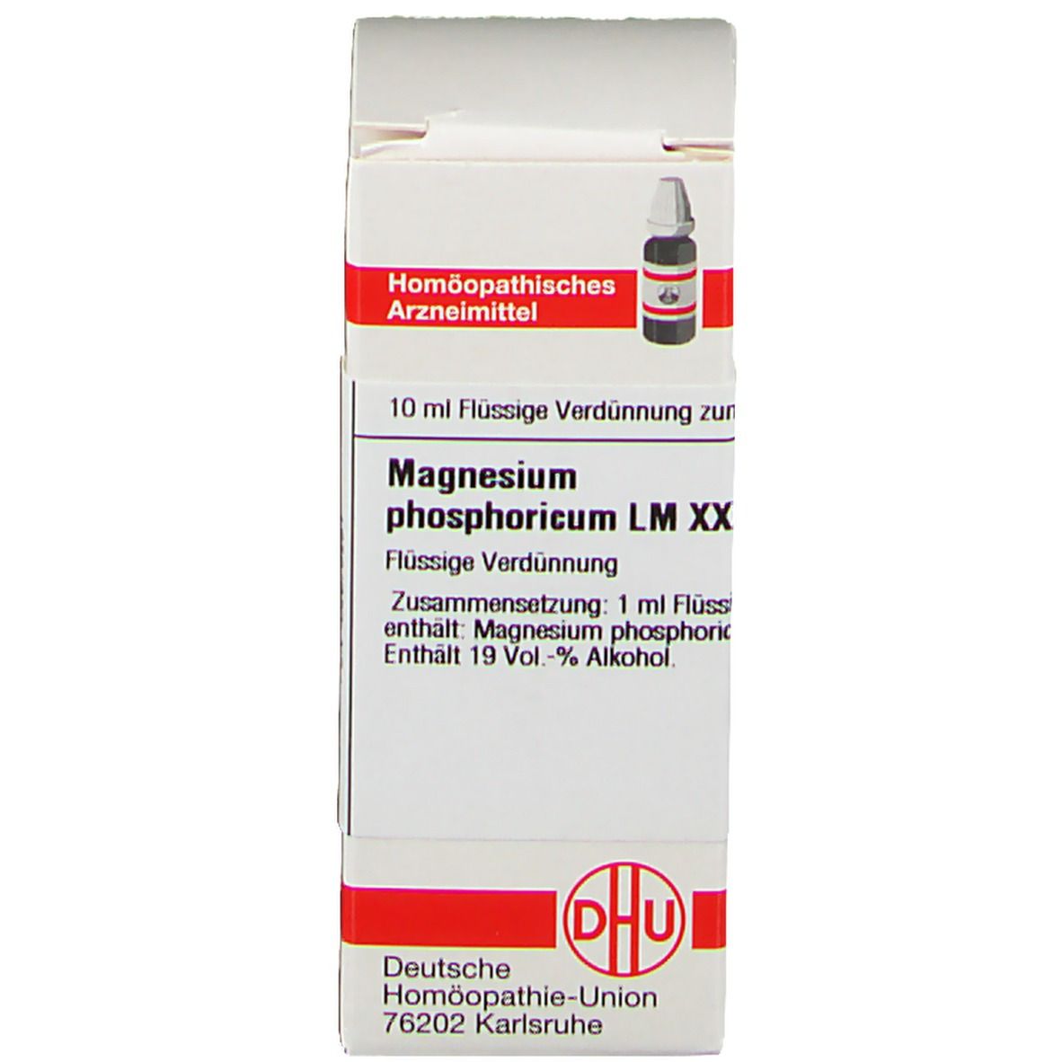 Weiße Schachtel mit brauner Glasflasche und rotem Verschluss. Text: Magnesium phosphoricum LM XX, DHU Logo.